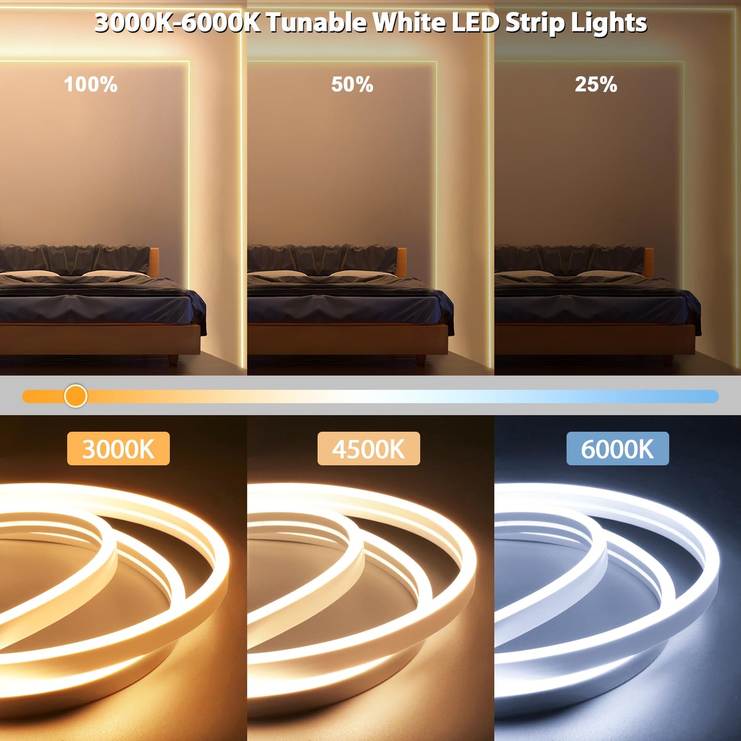 Lamomo LED Strip Lights, Tunable White Neon Rope Lights with Remote, 32.8Ft Dimmable 3000K-6000K Flexible Led Light Strip, Waterproof Silicone 24V Neon Lights for Bedroom Home Decor