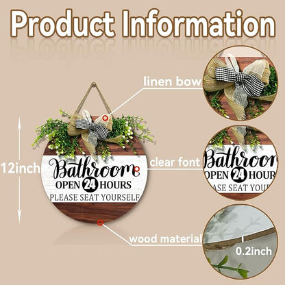Bathroom Door Sign Bathroom Open 24 Hours Please Seat Yourself Hanging Sign With Wreath And Bow Rustic Farmhouse Round Wooden Front Door Sign for All The Seasons Bath Room Decor 12x12 Inch