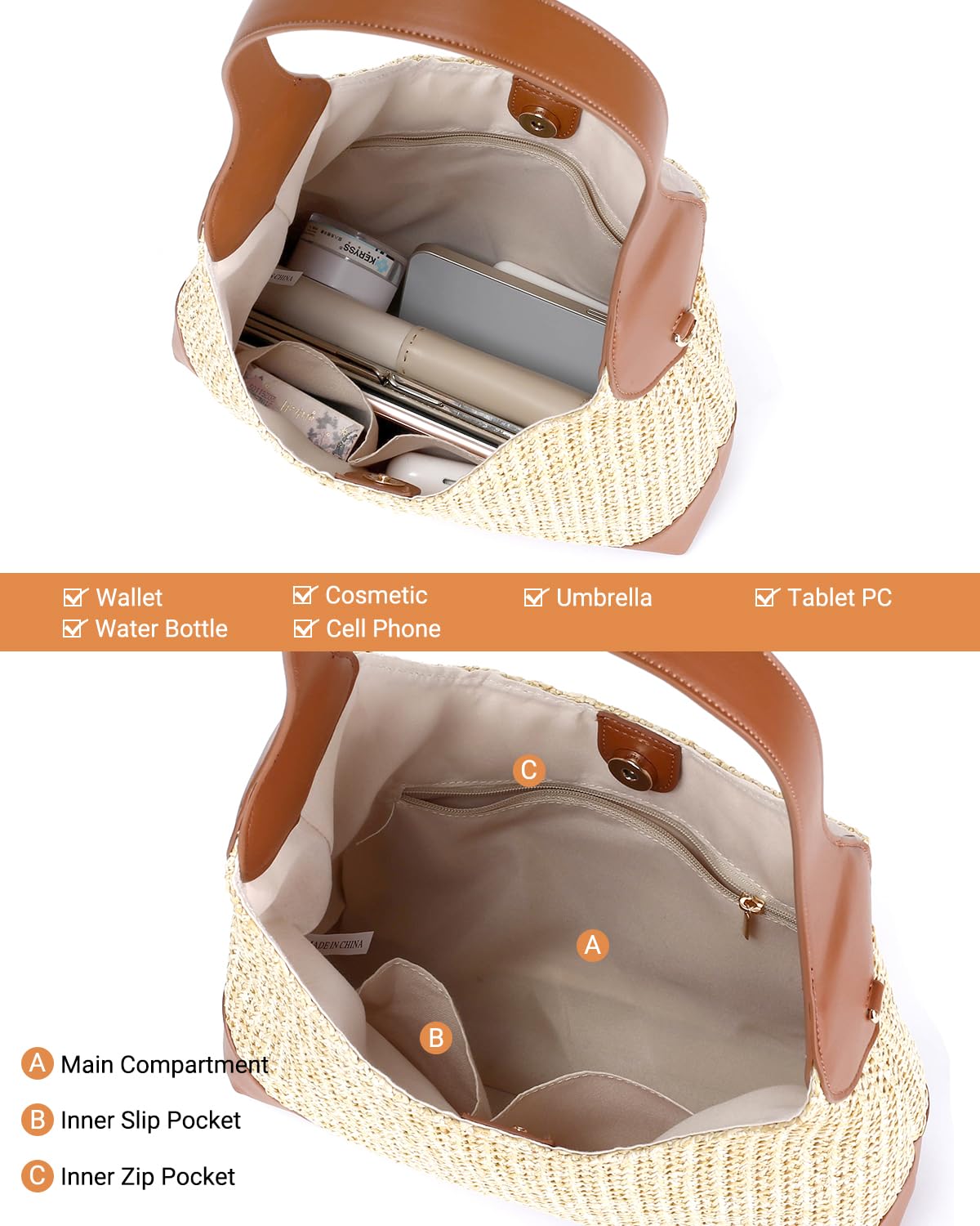 Herald Straw Woven Hobo Shoulder Bag for Women, Slouchy Medium Summer Beach Raffia Shoulder Handbag Tote Purse (Brown)
