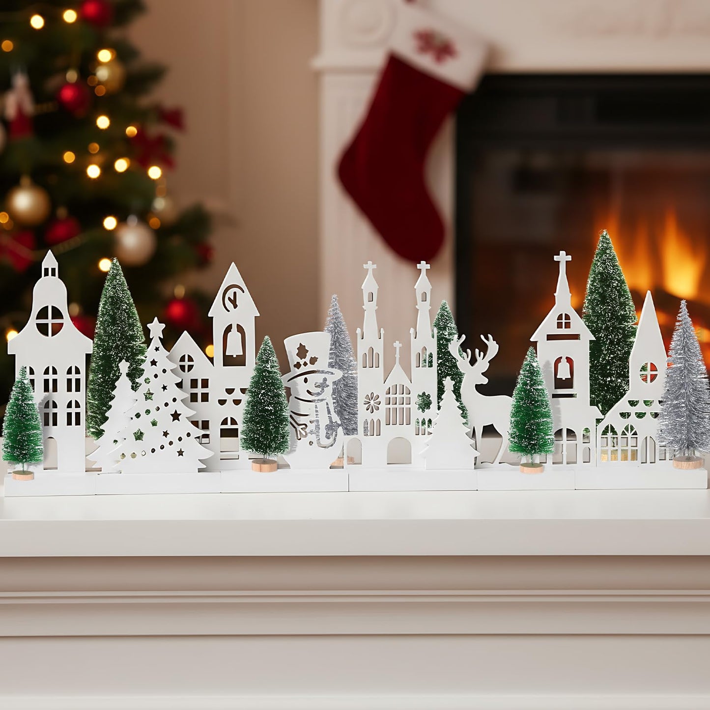 Kathfly 16 Pcs Christmas Village Set with White Base Christmas Village Houses Include Wooden Houses Tree Elk Cedar Pine and Snowmen Farmhouse Tabletop Decor for Decorative Signs Plaques Centerpieces