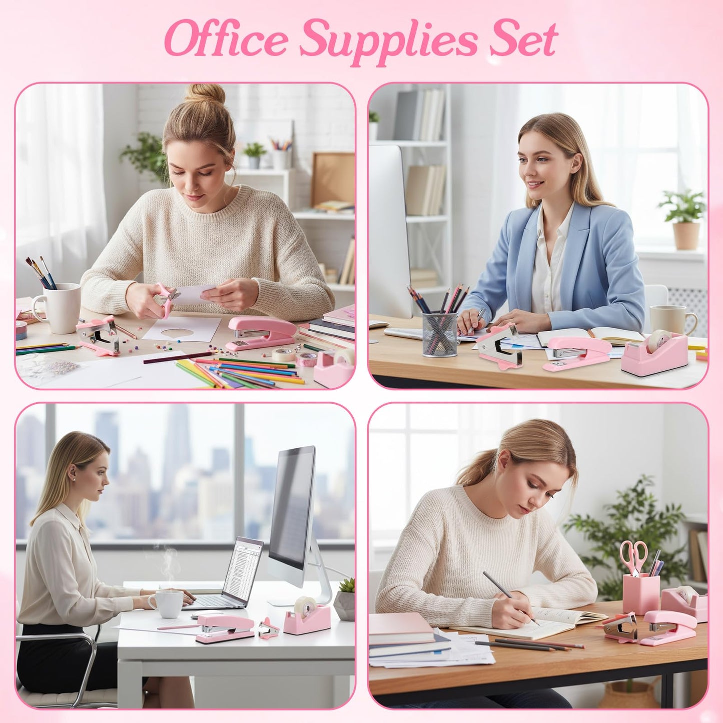 Pink Office Supplies Set, Desk Accessories for Women with Stapler, Tape Dispenser, Staple Remover, Staples, Clips, Scissor and Tabs, Gift for Students and Coworkers
