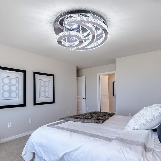 CXGLEAMING 15.7" Crystal Chandelier Modern LED Ceiling Light Moon Shape Crystal Flush Mount Ceiling Lights Fixture for Bedroom Living Room Kitchen Hallway (6500K Cool White)