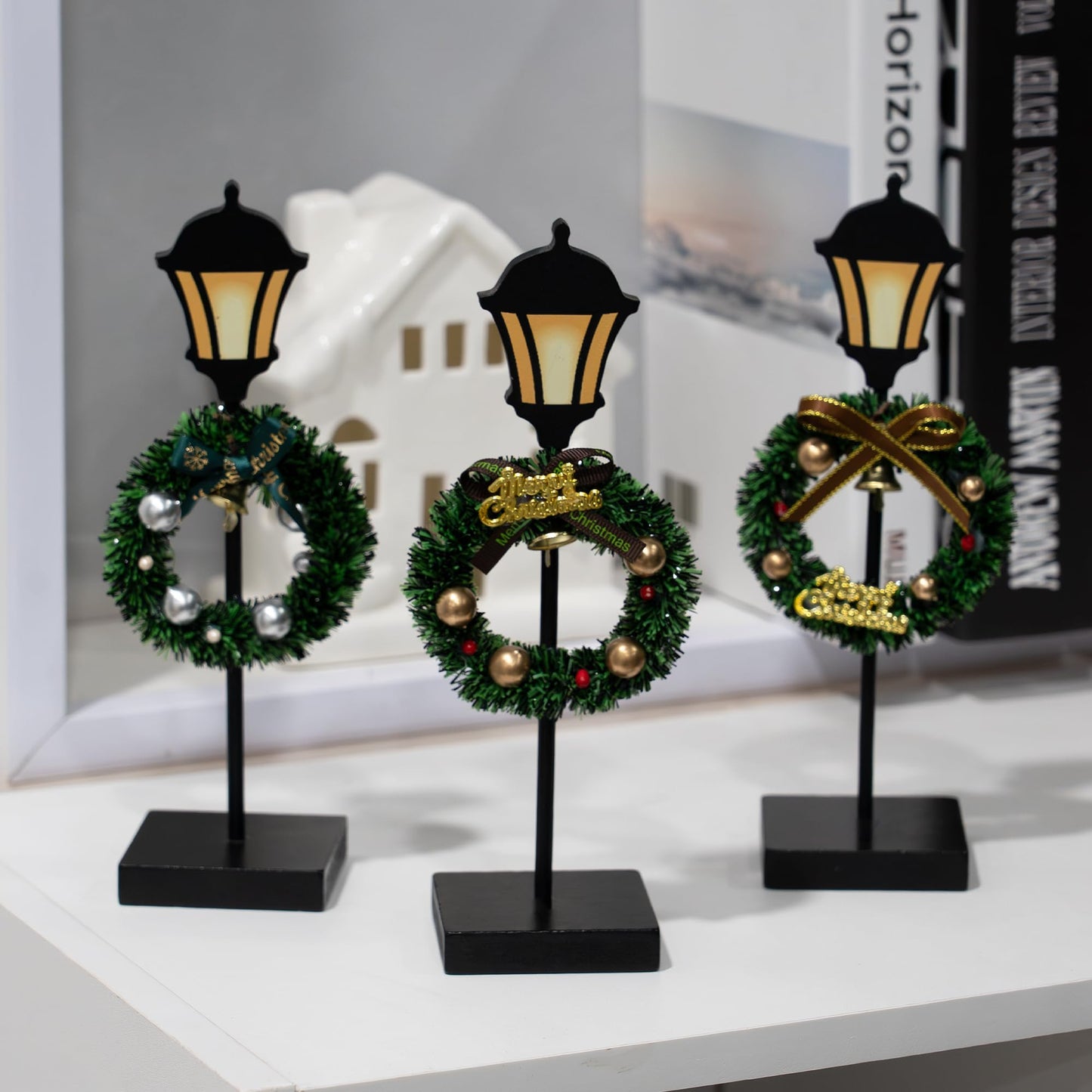 NEROSUN Christmas Table Decorations, 6Pcs Wreath and Lantern Standing Wooden Tabletop Decorations Signs, Merry Christmas Table Toppers for Xmas Home Winter Holiday Party Indoor Decor