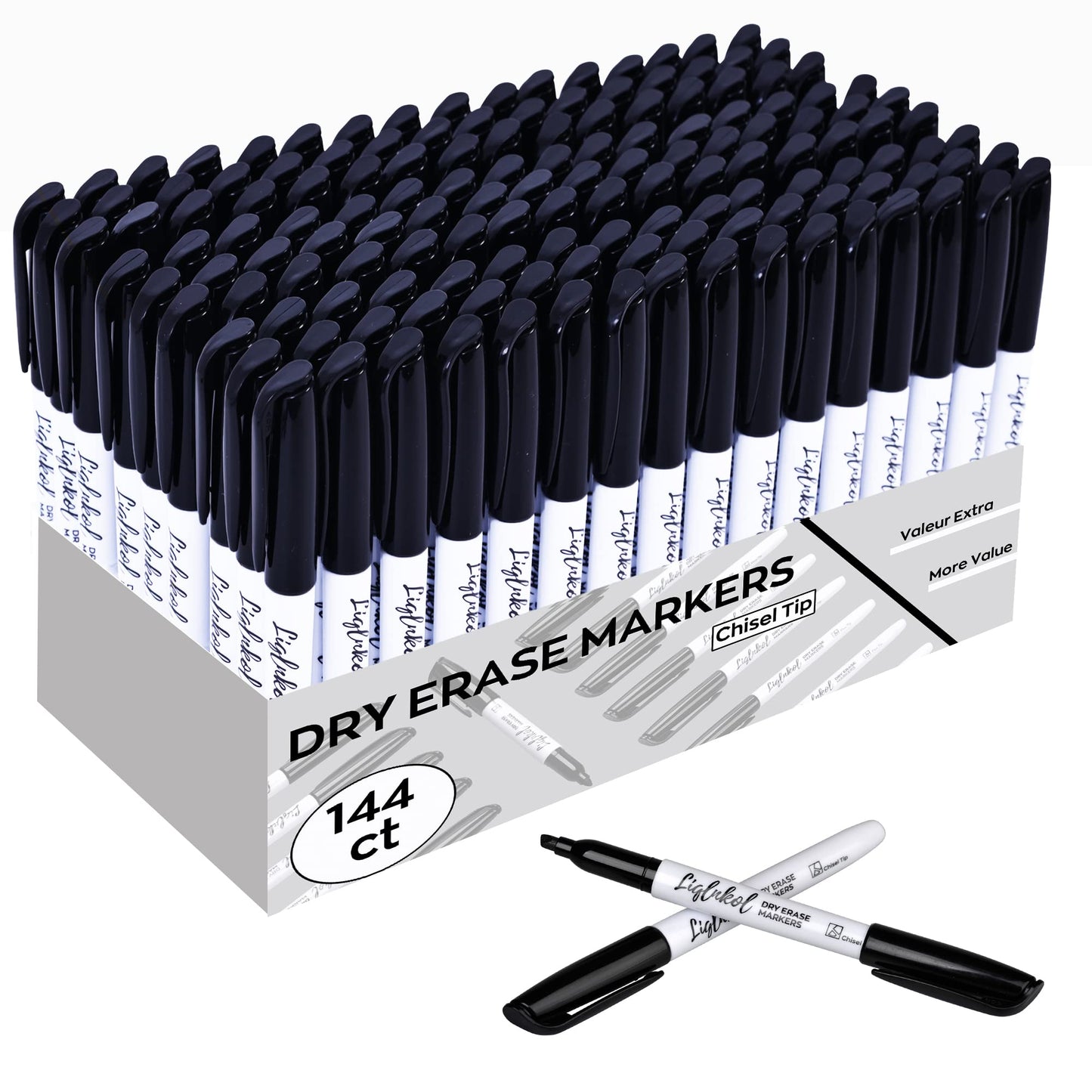 LiqInkol Dry Erase Markers Bulk, 144 Pack Black Whiteboard Markers, Chisel Point Low Odor Dry Erase Markers for School Office Home