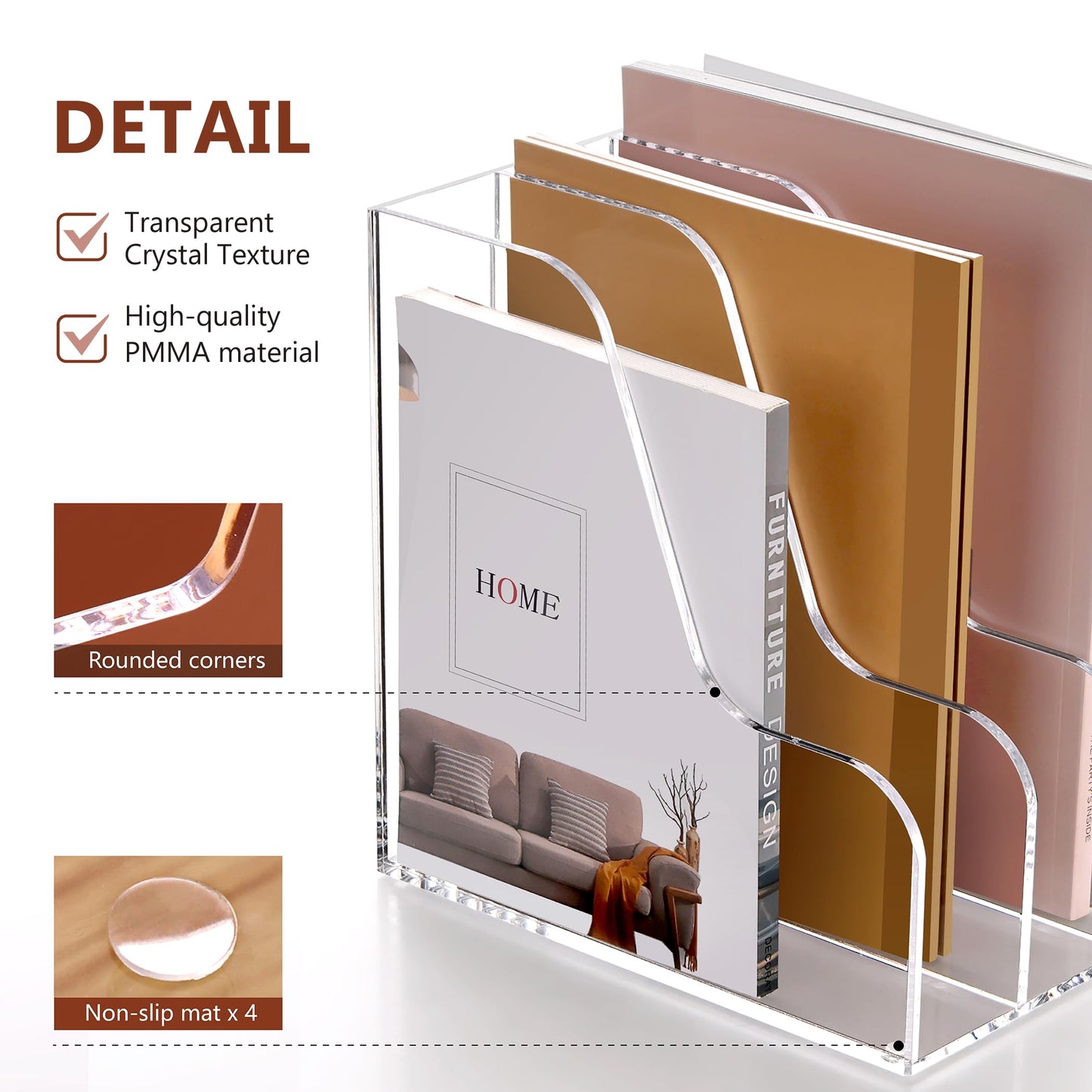 SANRUI Acrylic File Organizer, Compact Desk Organizer for Folders, Binders, Notebooks, Envelopes, Clear Magazine File Holder, 3 Section Bookshelf for School Home Office Organization, A4 Size