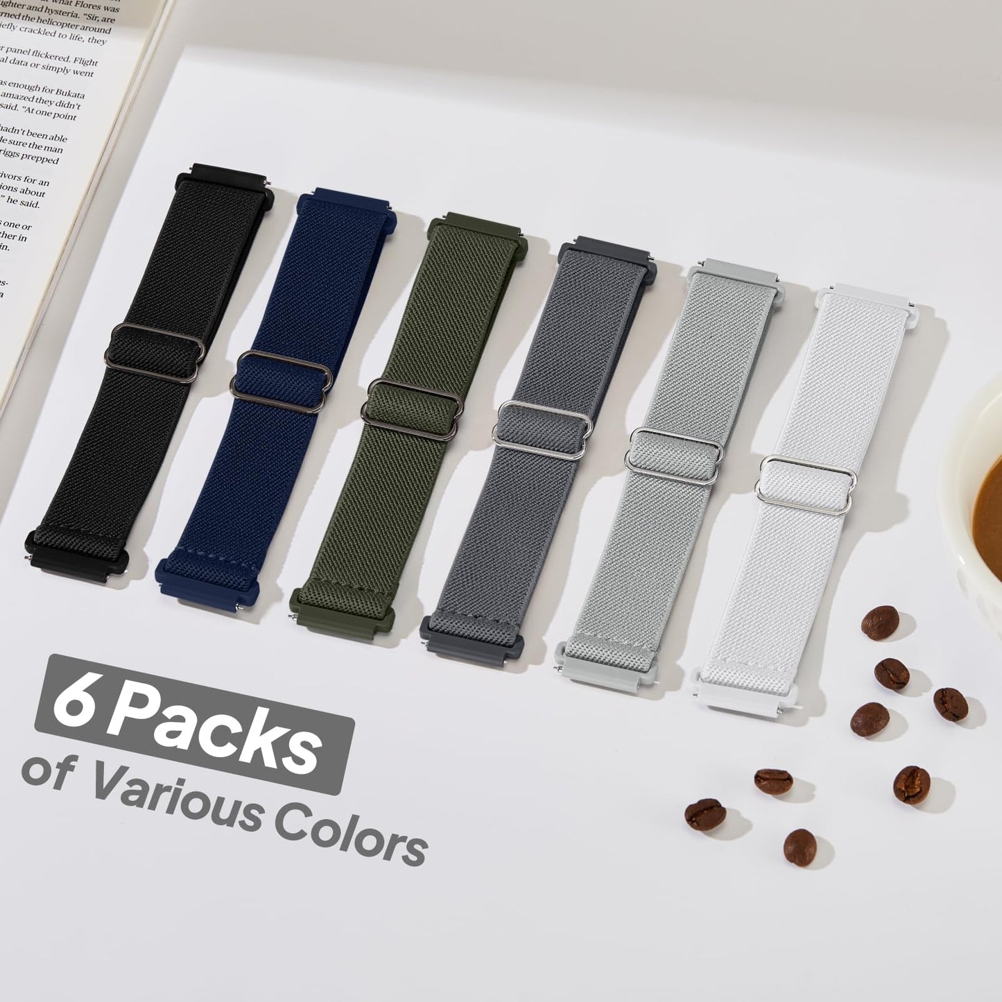 6 Pack Stretchy Bands Compatible with Samsung Galaxy Watch 7 6 5 4 40mm 44mm/Galaxy Watch 6 4 Classic 42mm 46mm 43mm 47mm/Galaxy 5 Pro 45mm/Active 2, 20mm Elastic Nylon Sport Strap for Men Women