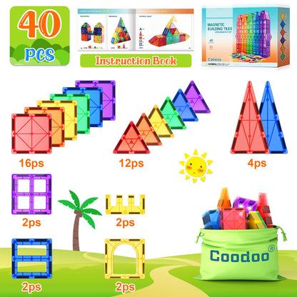 Magnetic Tiles Kids Toys STEM Magnet Toy for Toddler Magnetic Blocks Building Preschool Learning Sensory Montessori Toys for 3+ Year Old Boys and Girls, Safe Creativity Toddler Kids Toy 40PCS