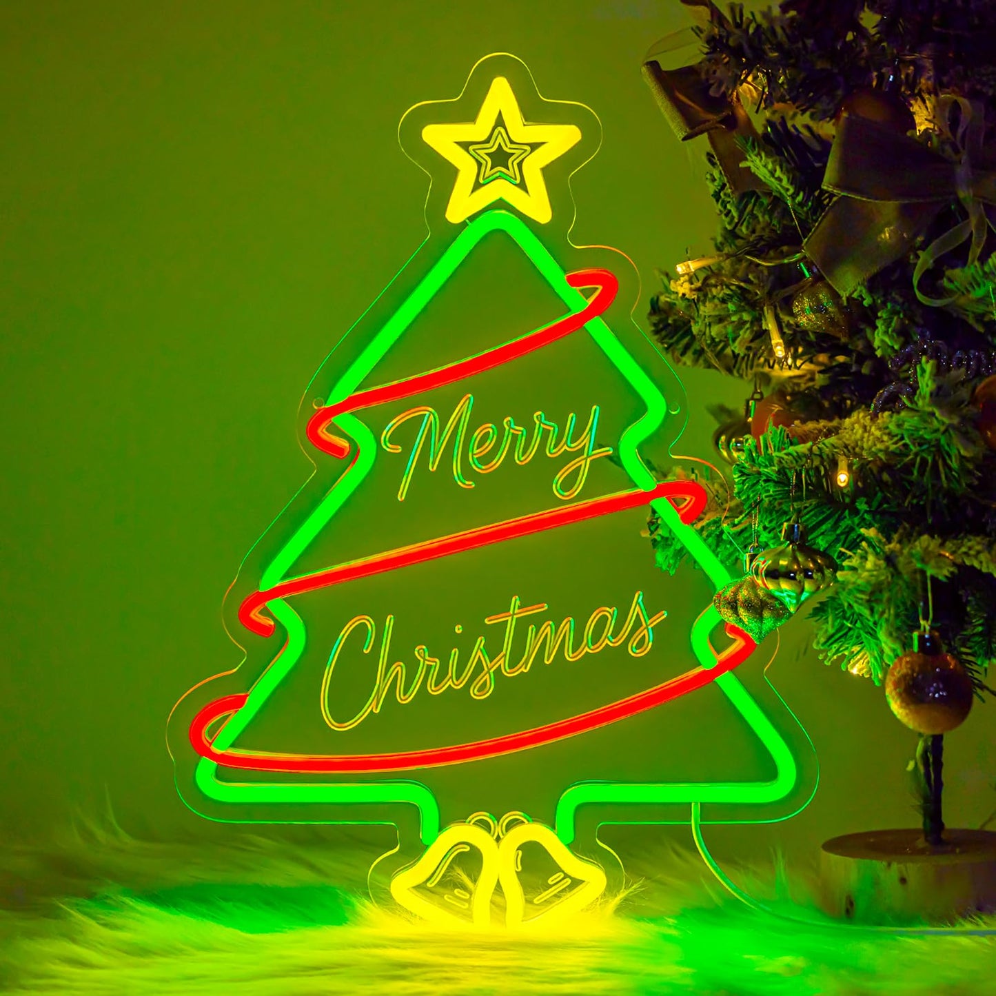 LMHSE Christmas Tree Neon Signs, 16.9" x 12.1" Acrylic LED Neon Sign for Window Lights Bedroom Living Room Home Decorations