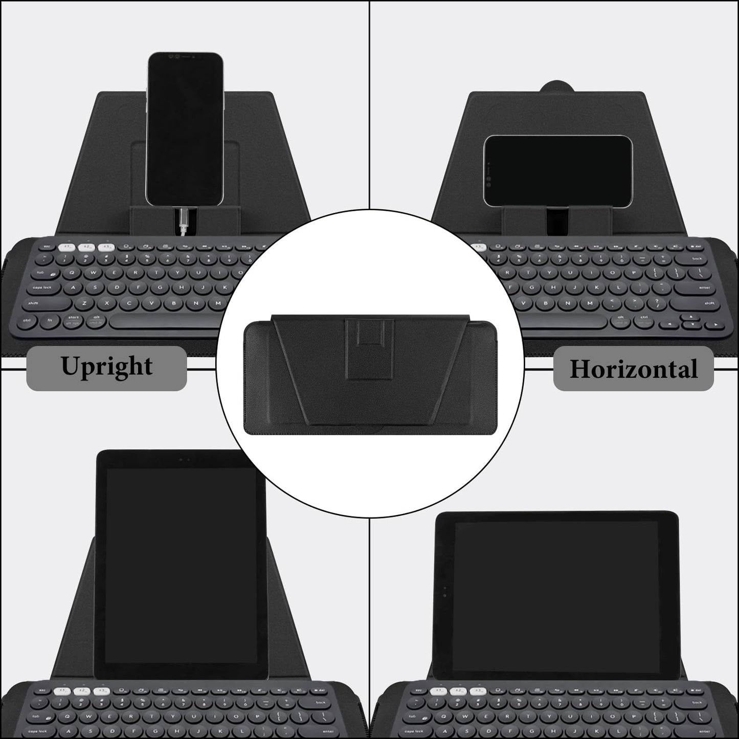 GEEKRIA Compact Keyboard Case, Vegan Leather Travel Case with Phone and Tablet Holder, Keyboard Case Compatible with Magic Keyboard, Logitech K380/Pebble Keys 2 K380s (Dark Grey)
