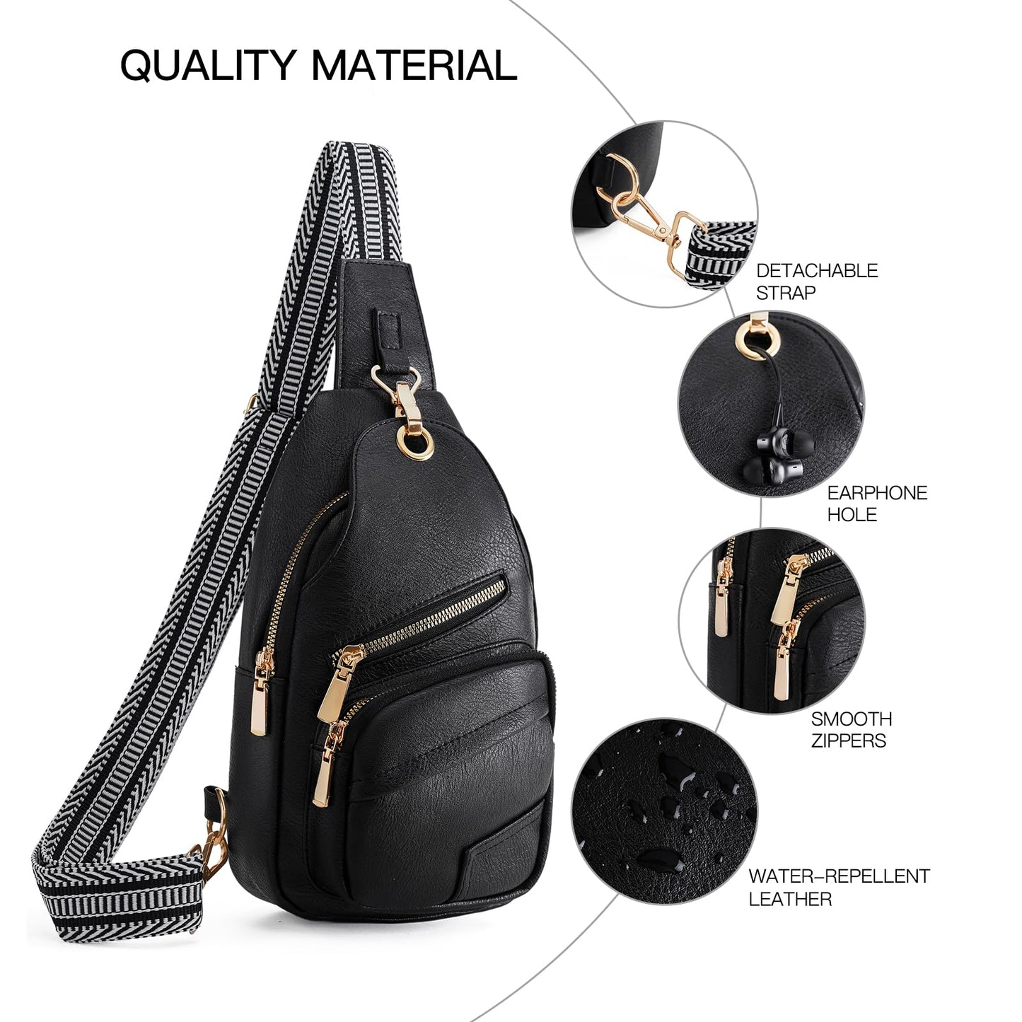 GOIACII Sling Bag for Women Anti Theft Cossbody Purse for Travel Fanny Packs Leather Black