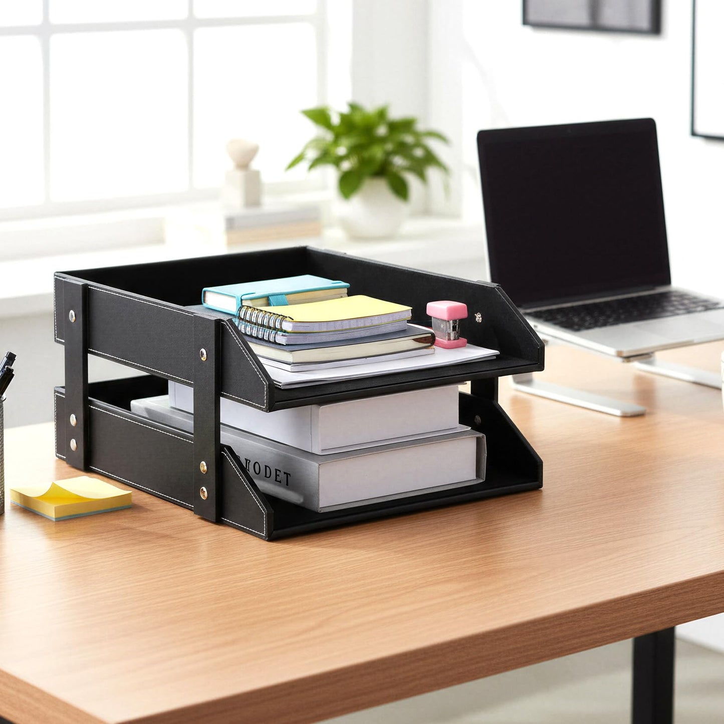 2-Tier Stackable Leather Desk Organizer, Letter Tray Holder for File, A4 Paper, Magazine & Stationery, Desktop Storage Box for Office & Home (Black)