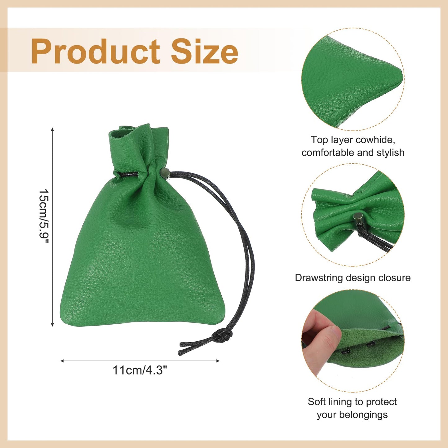 uxcell 1 Pcs Drawstring Bag, Leather Coin Purse, Change Purse for Women, Men's Leather Bag, for Jewelry, Keys, Coin Storage(Green)