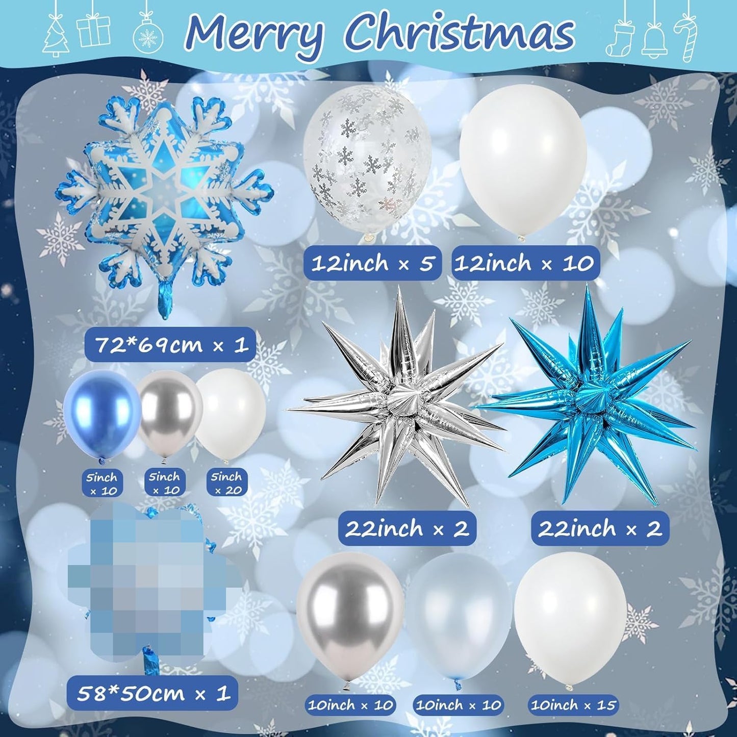 Winter Snowflakes Balloon Arch Garland Kit, White Silver Winter Balloon with Rich Large Snowflakes Mylar Star Foil Balloons*5, Metallic Silver Blue Balloons for Winter Wonderland Girl Birthday Decorat