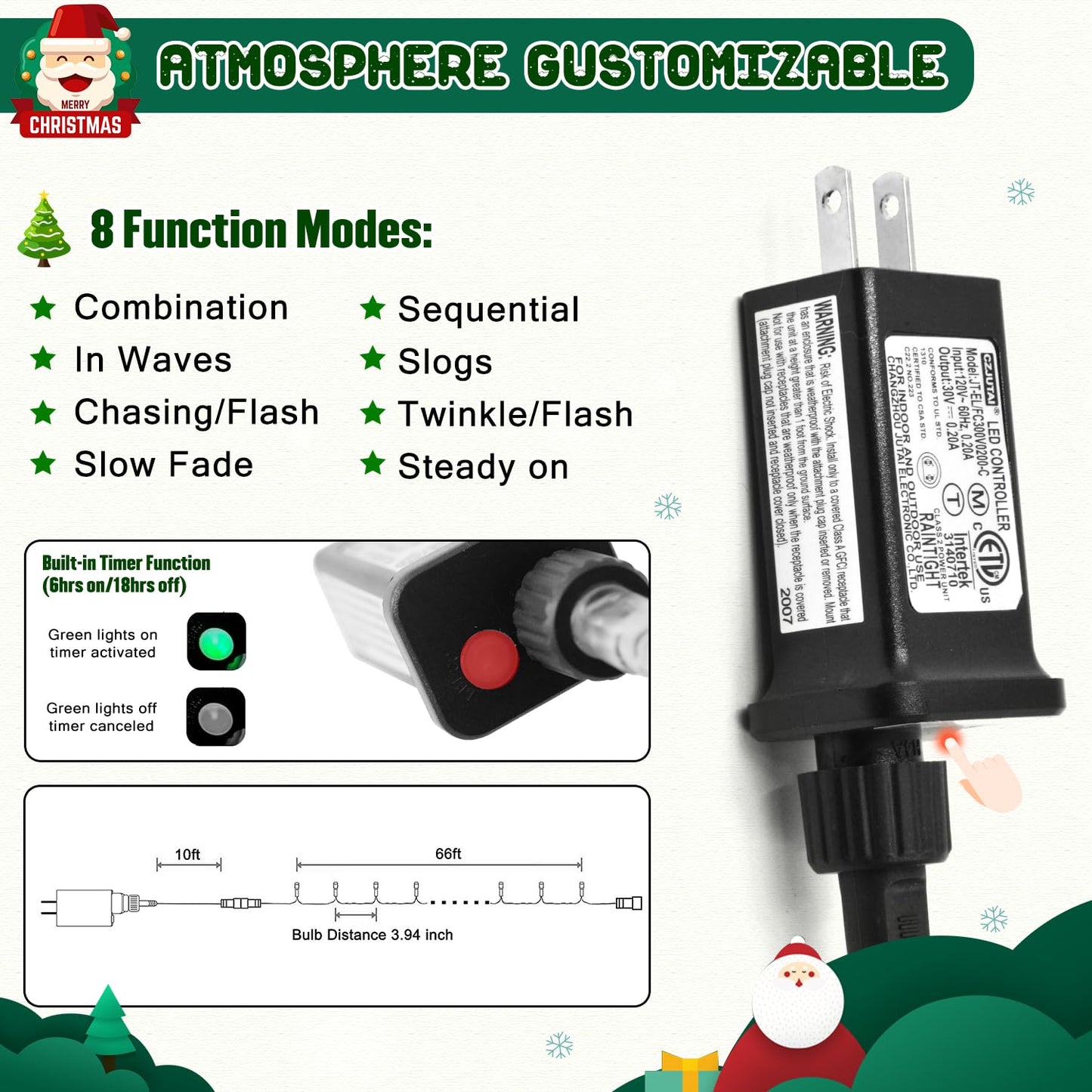 JMEXSUSS 200 LED Christmas Lights Outdoor, 66ft Connectable Green String Lights Plug in, 8 Modes Waterproof Green Lights for St Patrick's Day Outside Indoor Yard Tree Fence Rail Halloween Xmas Decor