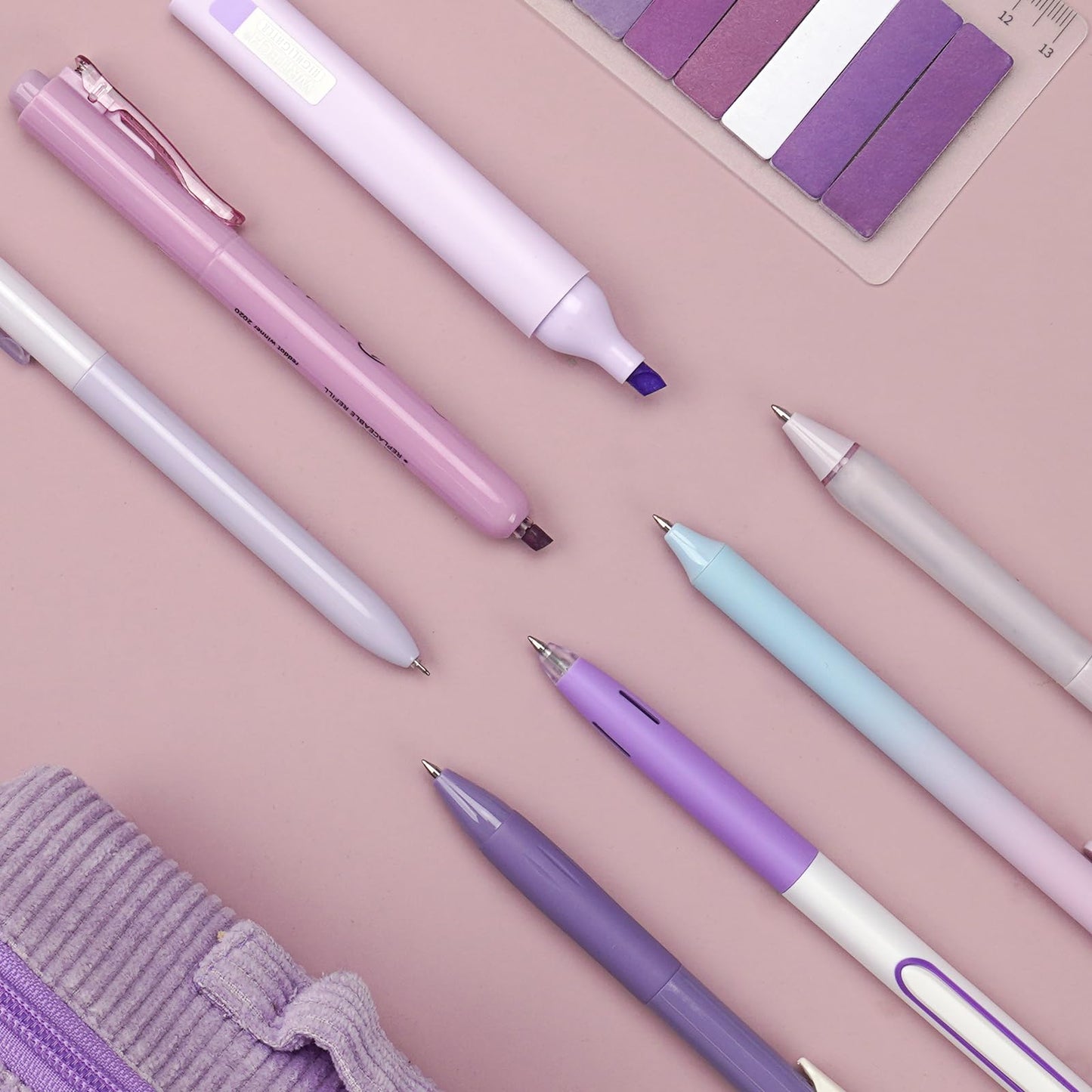 WRITECH Gel Pens Journaling Highlighters: Journal Set Aesthetic Assorted Pastel Color Ink 0.5mm Fine Point Retractable 0.7mm Black Pen Smooth Writing Drawing No Bleed 7ct (Purple)