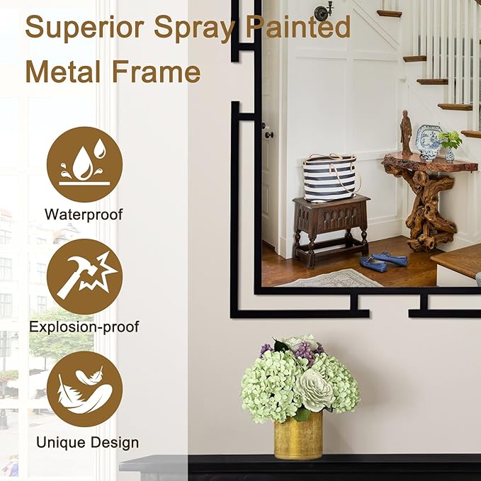 Large Wall Mirror for Living Room, 28"x40" Decorative Wall Mirror for Over Sink, Tempered Glass Mirror with Metal Frame for Bedroom, Black Mirror, Horizontal/Vertical