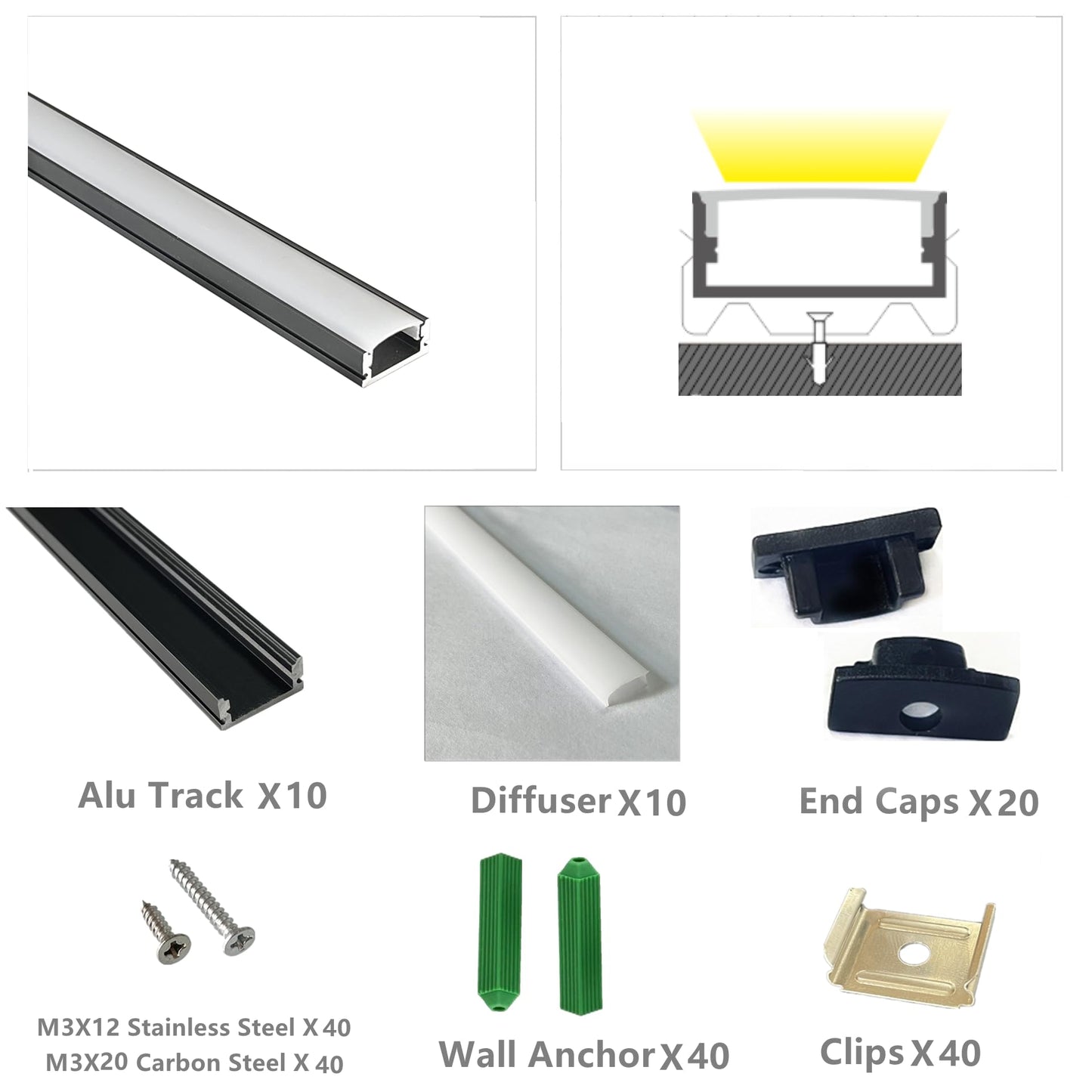 THMOOTHER LED Strip Black U Channel Diffuser 10-Pack 6.56FT,17X7.5MM Surface Mounted Tape Light Aluminum Track with Milky Cover Cabinet,Stairs,Counter,Wall Flush Installed Low Profile