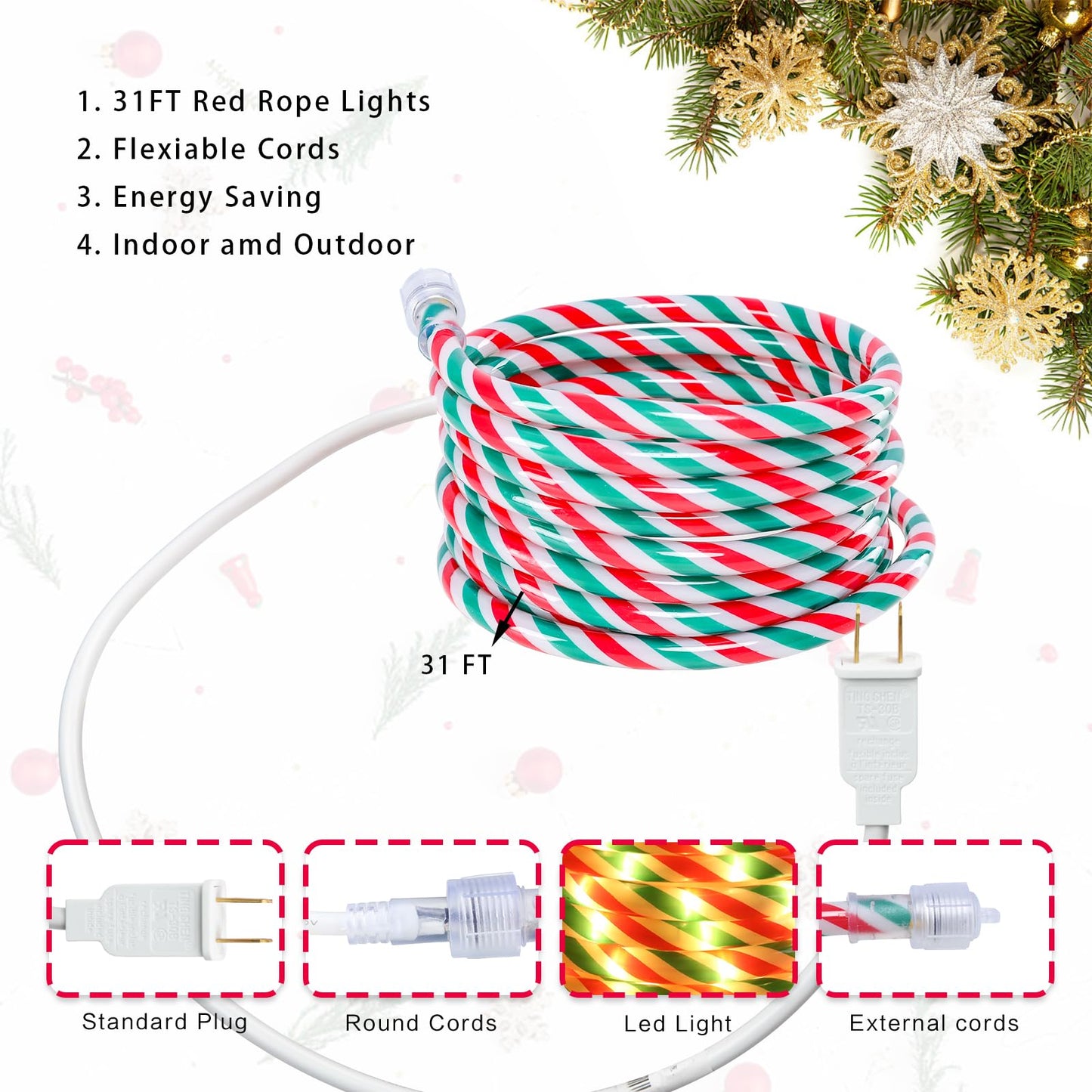 Vigdur Christmas Candy Cane Lights - 33FT LED Candy Cane Rope Lights Outdoor Waterproof Decorative Christmas Lights for Holiday Party Home Patio Indoor Xmas Decorations(360 LEDs)