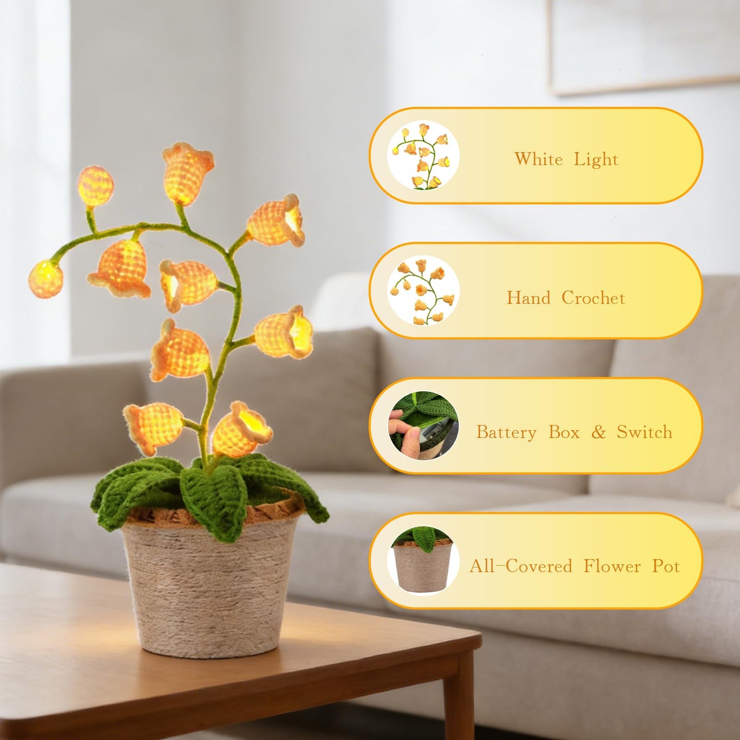AVEKI Lily of Valley Lamp, Handmade Crochet Artificial Flower Lamp with Warm Light, Cute Desk Lamp for Bedroom, Battery Power Decor LED Night Light, Gift for Mom Daughter Girlfriend (Warm) (Yellow)