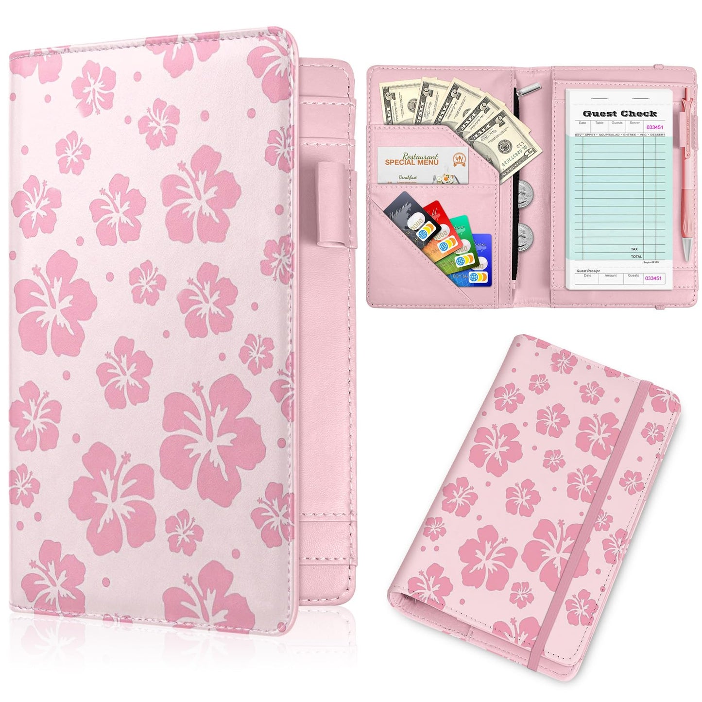 YeeCASE Pink Server Book, Fits Waitress Server Apron, Receipt Holder, Guest Book Perfectly,Waitress Server Accessories, Compact Organizer with Zipper Pocket (Hibiscus)