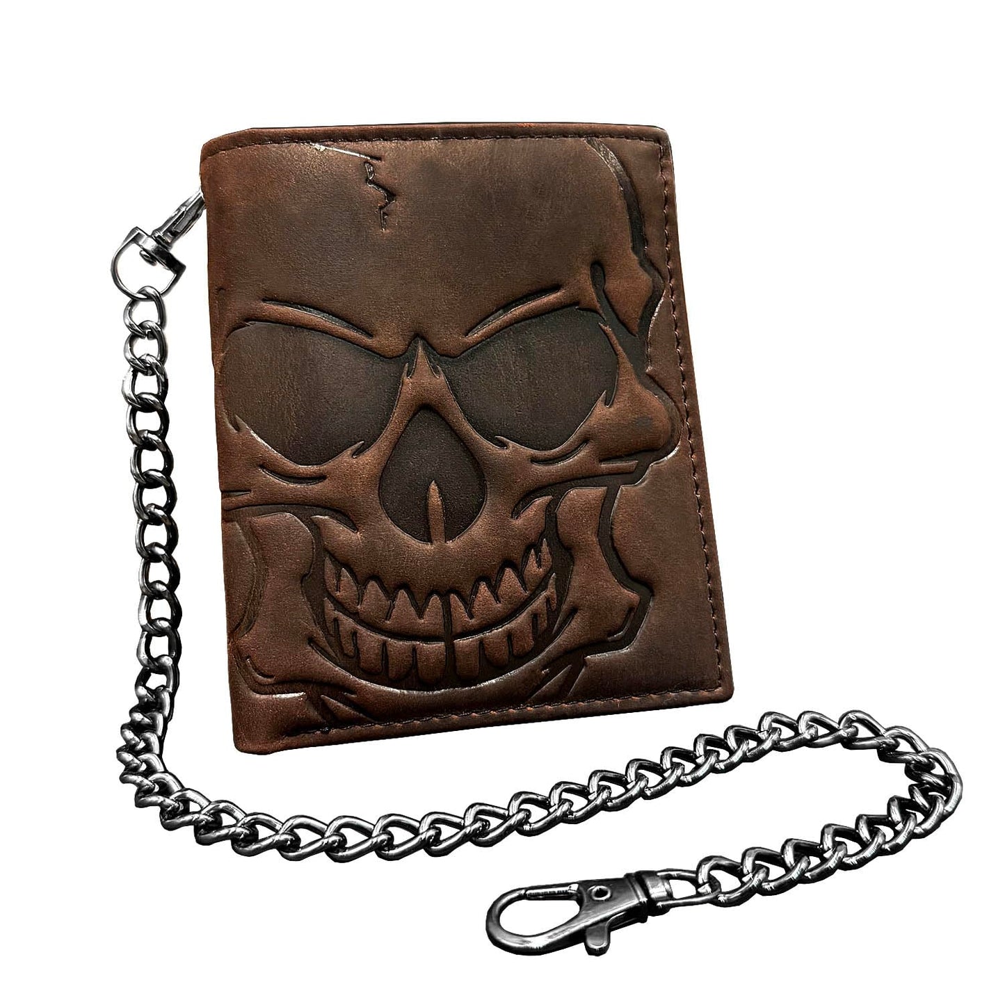 crazy hunter Skull Wallet for Men Bifold Card Holder Wallet Pocket Purse Cowhide Leather Wallet with Chain