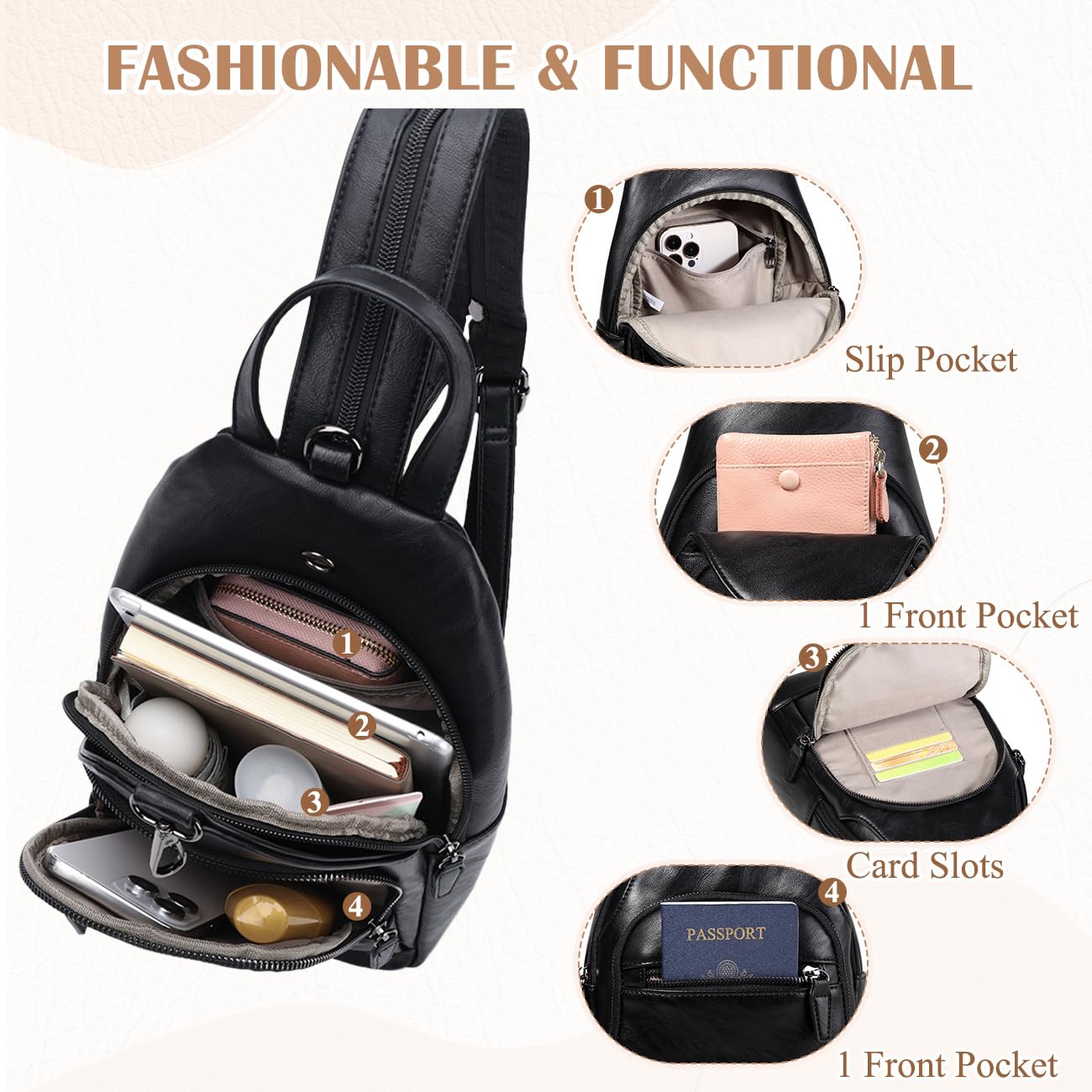 RAVUO Sling Bag for Women, Faux Leather Convertible Backpack Purse Ladies Anti Theft Cross Body Bag with Multi Pockets for Travel Cycling Hiking Shopping,Black