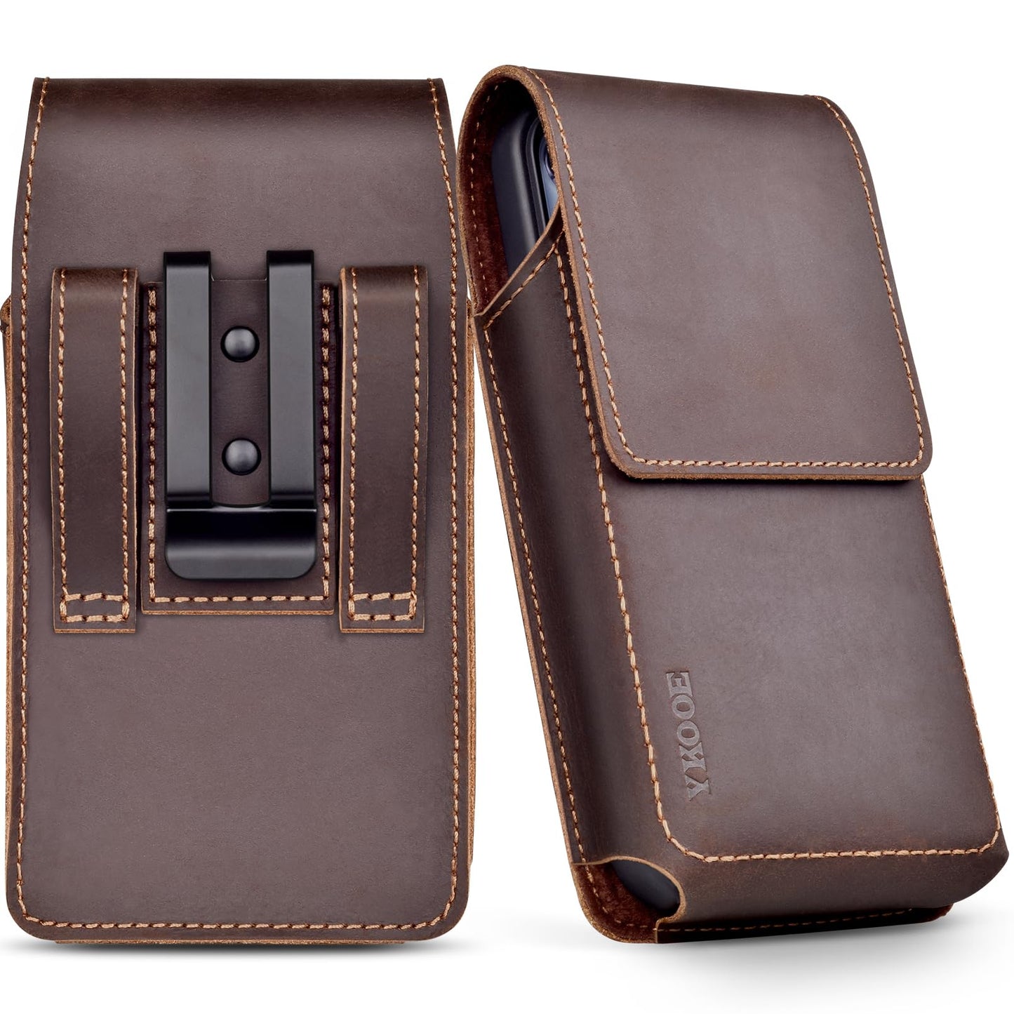 ykooe Genuine Leather Phone Holster Compatible with iPhone 16/15/14/13/12 Pro Max & Plus,17 Air Models, Galaxy S24/S23/S21 FE -Belt Clip and Magnetic Closure,Dark Brown,XL