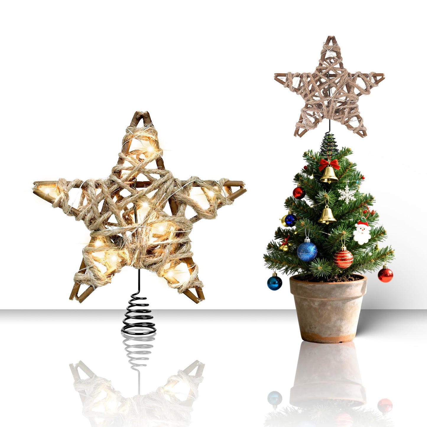 LAWOHO Christmas Tree Topper Retro Woven Star with Lights, Farmhouse Christmas Decor, Mini Rustic 6 Inch Star with 6H Timer, Light Up Christmas Tree Decorations, for Xmas Tree, Holiday, Party