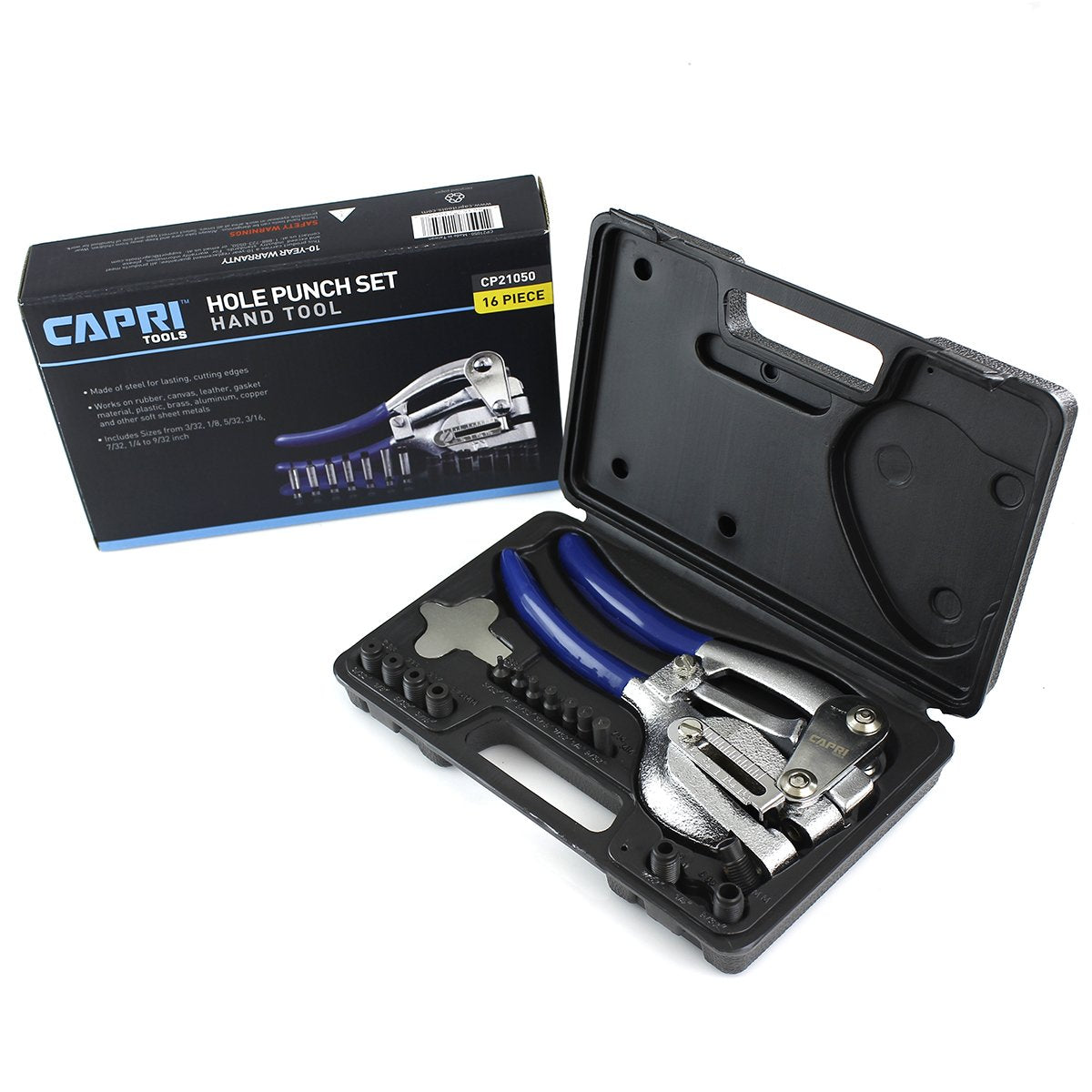 Capri Tools CP21050 21050 Metal Hole Punch Set With Puncher 16 Piece, Black