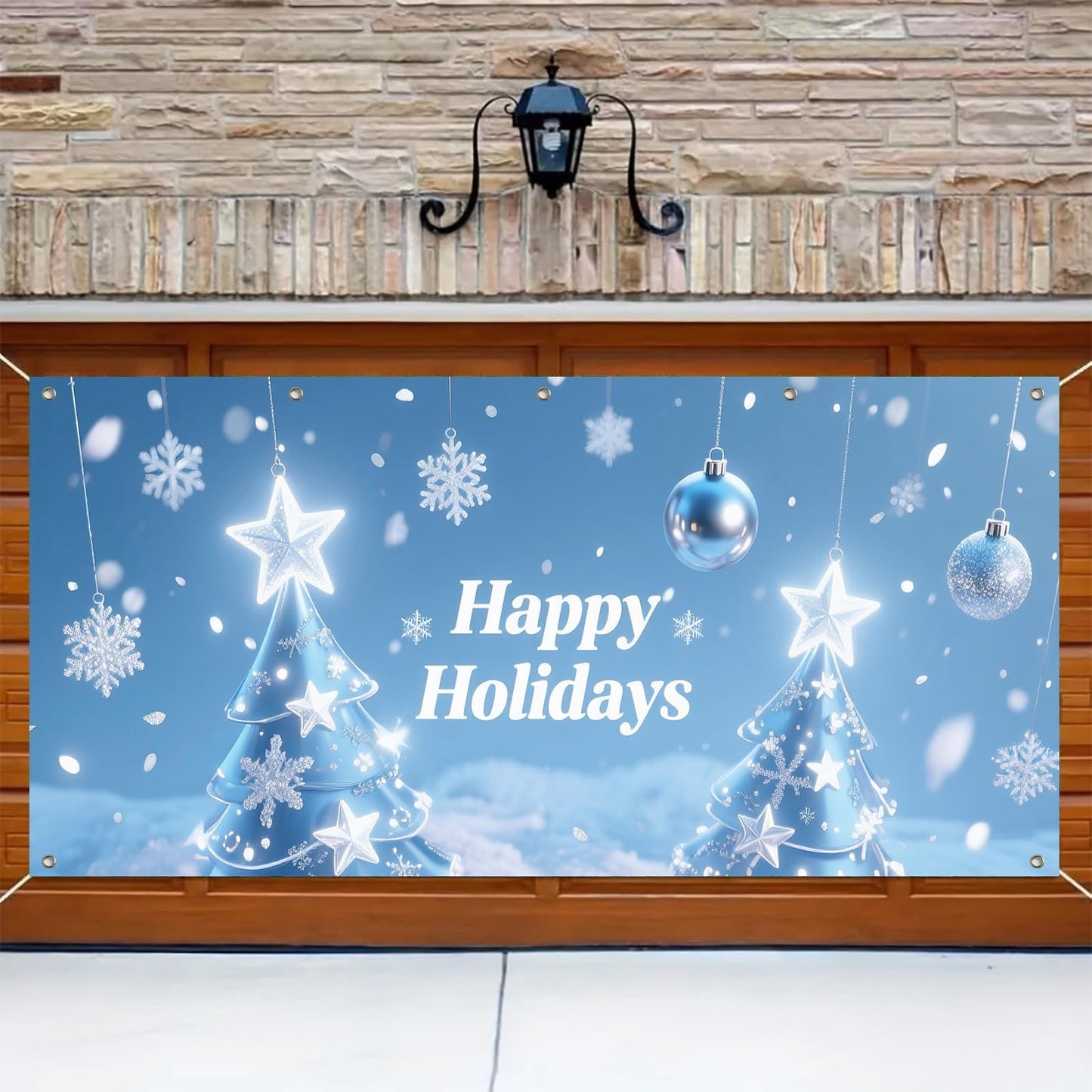 HOMETITUTE Happy Holidays Garage Door Banner 13x6ft Christmas Tree Snowflakes Theme Backdrop Holiday Seasonal Decor Door Cover Banners for Outside Garage Wall Covering for Party Garage