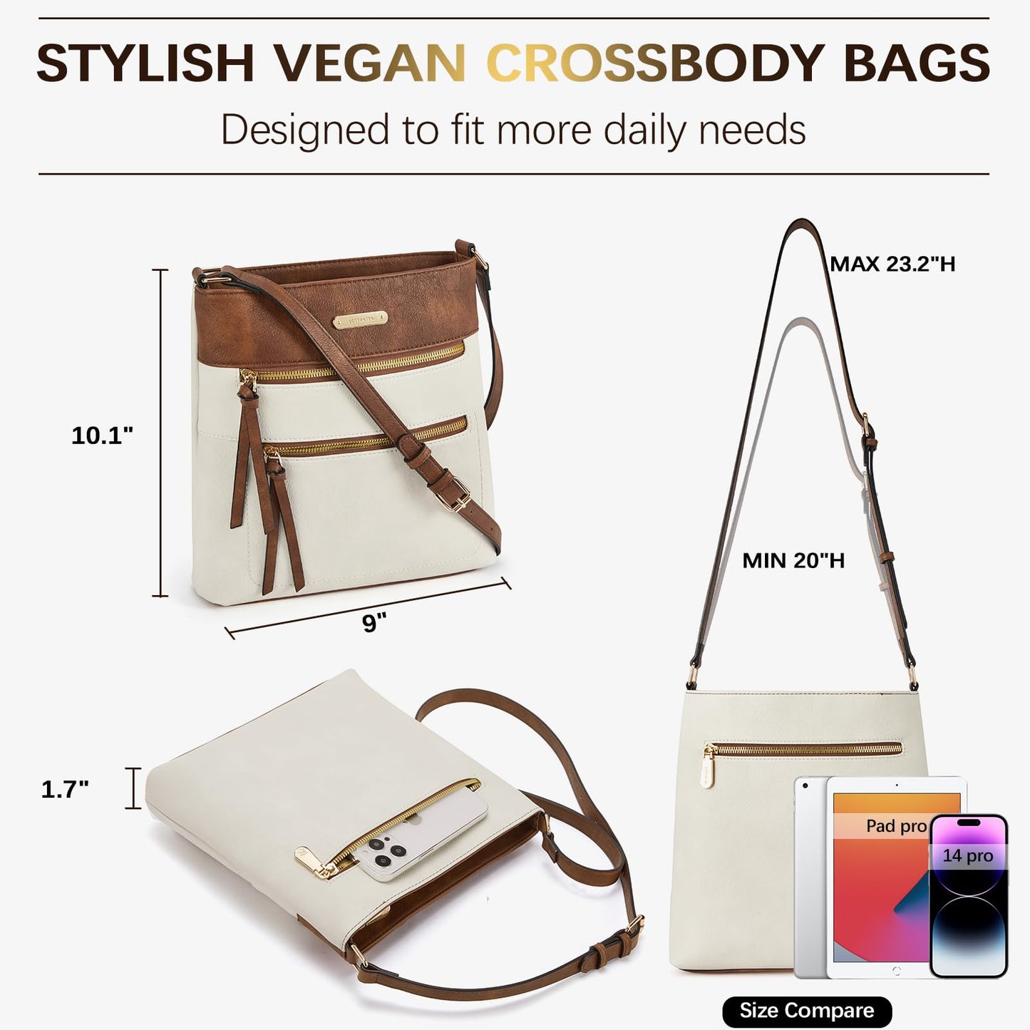 BOSTANTEN Crossbody Bags for Women Trendy Vegan Leather Purse Designer Shoulder Handbags with Adjustable Strap Zipper Pocket Beige with Brown