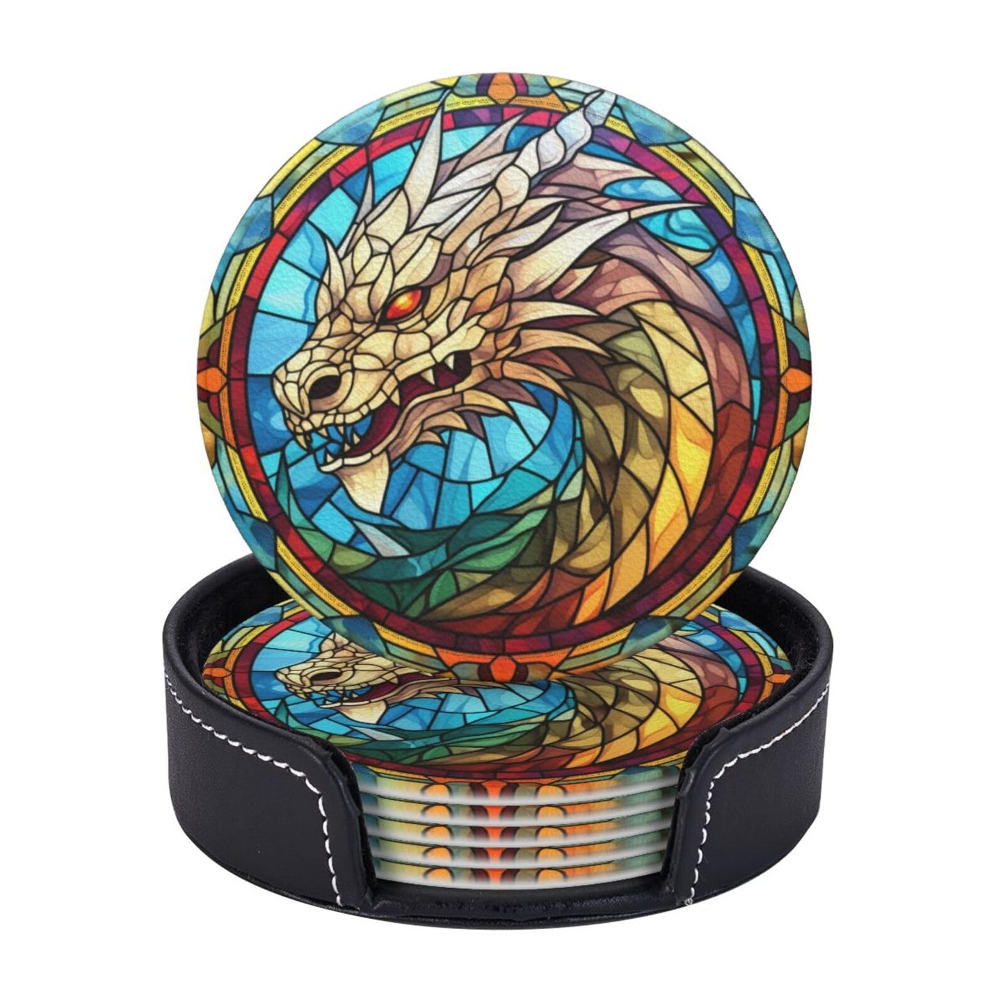 Dragon Drink Coaster Set of 6, Dragon Decor Gifts, Leather Drink Coasters with Holder, 6 Pack Cup/Bar/Drink Coasters for Table/Drinks/Coffee Protection Housewarming Gift (Dragon)