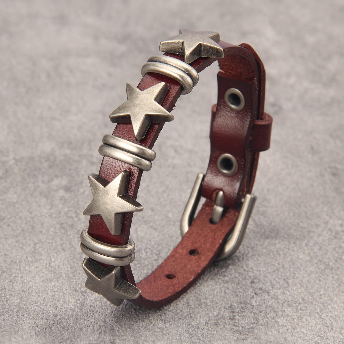 GelConnie Men's Leather Cuff Bracelet Leather Wristband Mens Brown Bracelets Biker Punk Bracelet Star Cuffs With Adjustable Straps