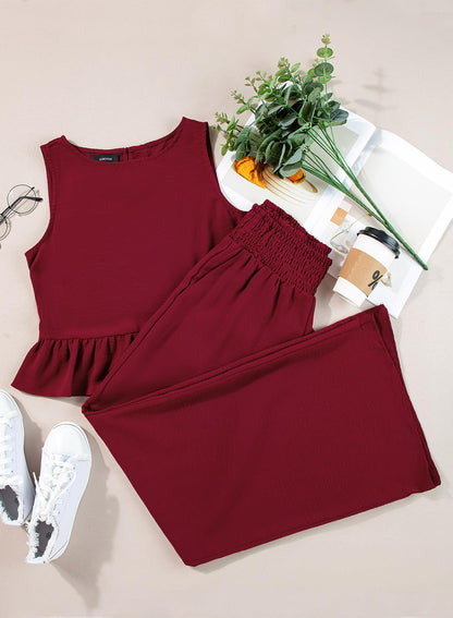 Dokotoo Pants Sets Women 2 Piece Outfits Sleeveless Round Neck Tank Tops Matching Sets for Women Elastic Waist Wide Leg