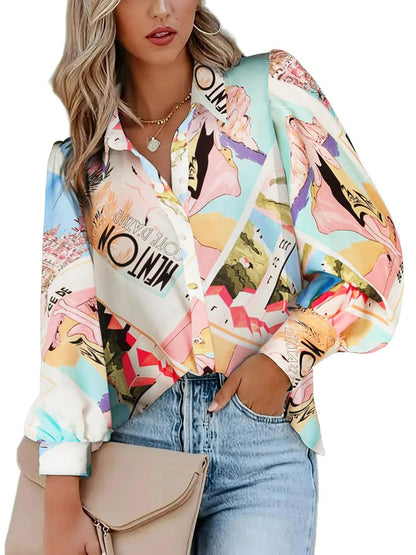 Zeagoo Womens Shirts Button Down Printed Lantern Long Sleeve Blouse Fashion Casual Tops 2025