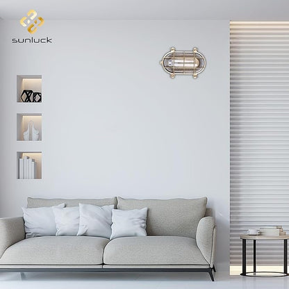 Sunluck Brass Bulkhead Light,Grid Oval Nautical Wall Sconces,Lampshade,Ceiling Mount Lighting,Brass Sauna Light Waterproof IP54,Rust Resistant,for Decoration Cafe,Bar,Porches,Patios,Restaurants