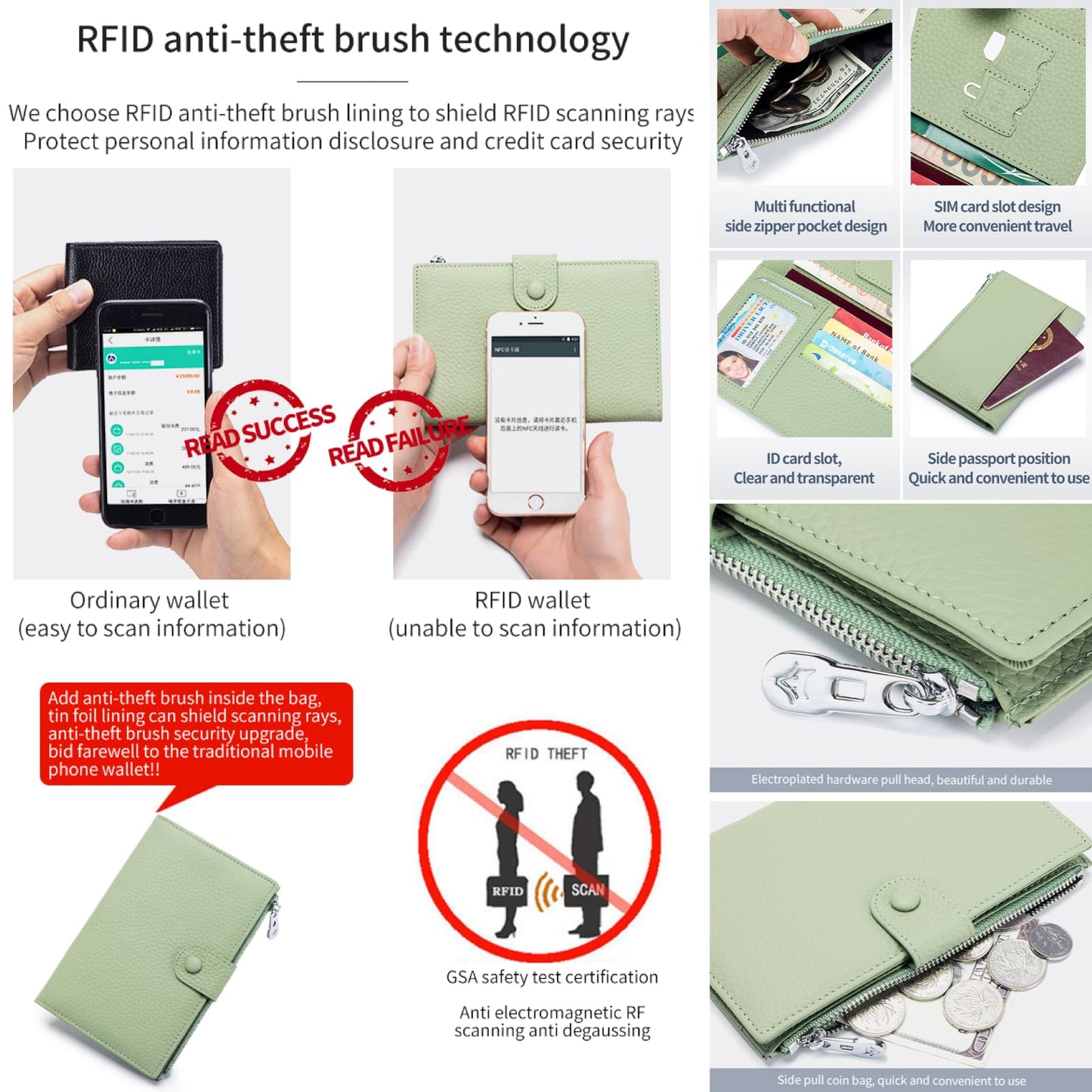 Genuine Leather RFID Blocking Passport Holder Wallet, Multi-Functional Travel Document Organizer with Zipper Pocket, Includes SIM Card Ejector Pin (Dark Khaki)