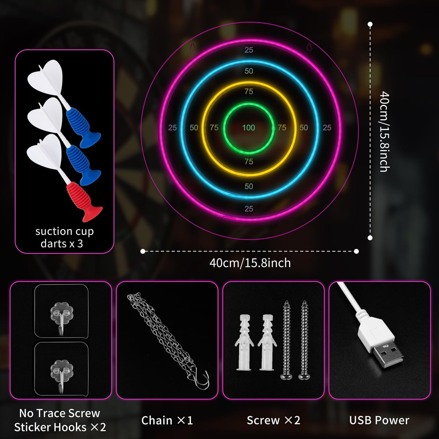 Darts Board Neon Sign with 3 Suction Cup Darts,LED Dart Scoreboard Neon Light Wall Decor USB Powered,Decorations for Game Room Man Cave Bedroom Living Room Bars Club,Birthday Gift for Darts Enthusiast