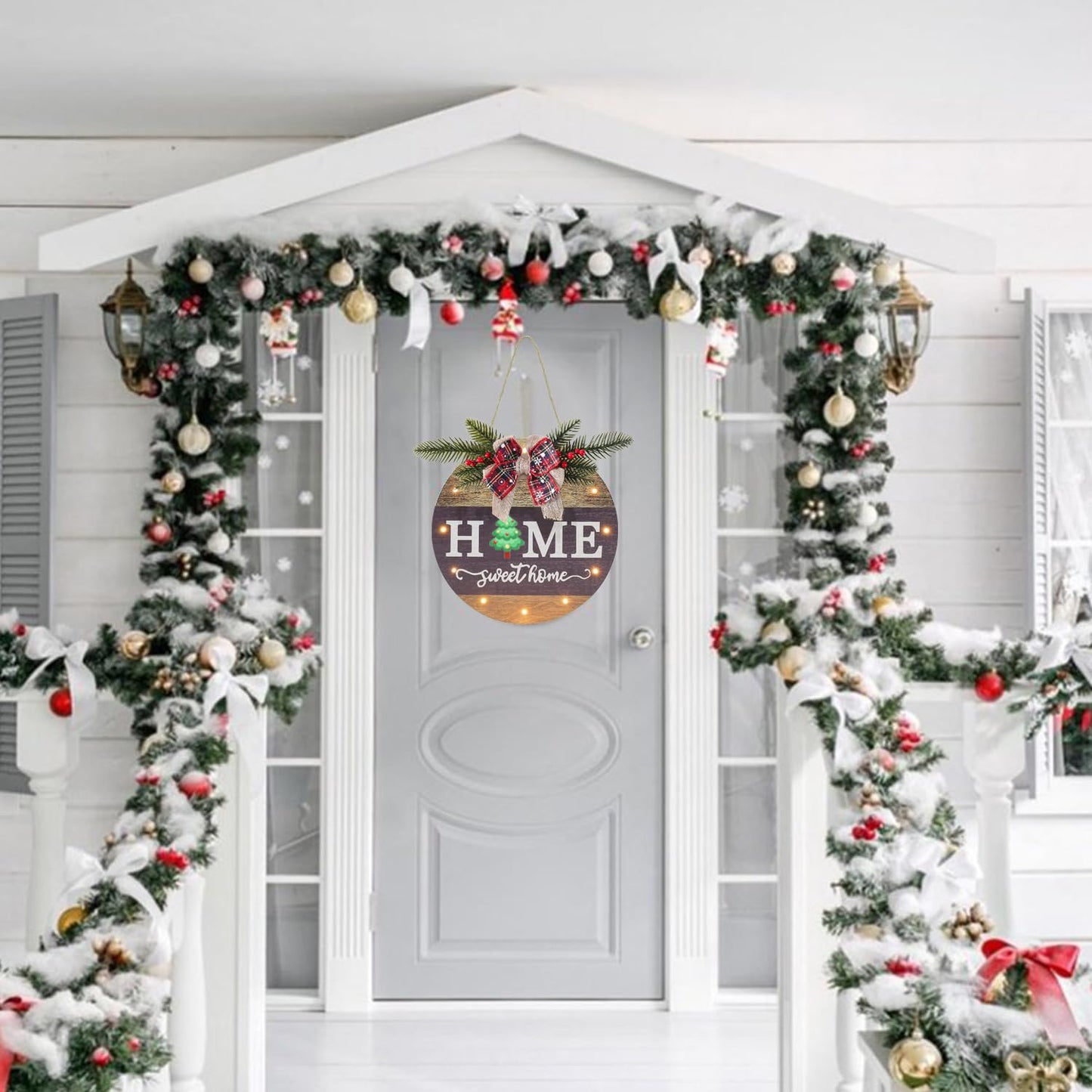Interchangeable Seasonal Welcome Sign Front Door Decoration with 4 Seasonal Wreaths and LED Light, Rustic Round Wood Wreaths Wall Hanging Outdoor, Farmhouse Front Door Decoration Home Décor