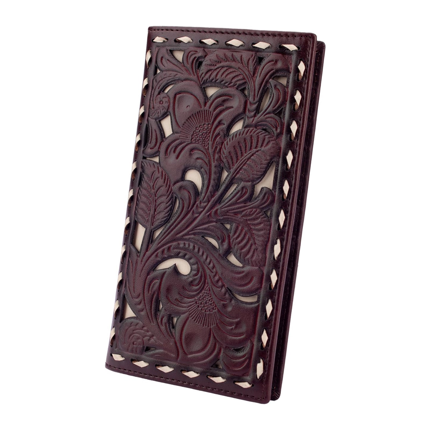 MUXILING Men's Rodeo Wallet Western RFID-Blocking Leather Wallet Bifold Long Cowboy Long Wallets With Floral Inlay Buckstitch
