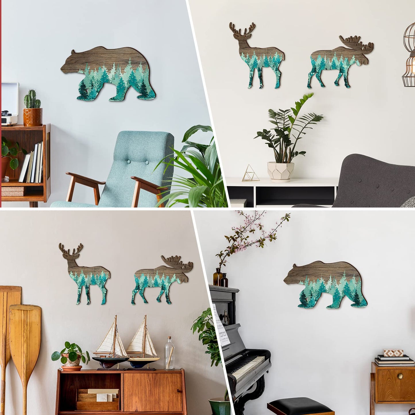 Newcotte Woodland Nursery Decor Bear Elk Wood Animal Cabin Wall Decor Trio Wildlife Hanging with Deer and Moose Rustic Woodland Animal Christmas Decorative Signs Set of 3