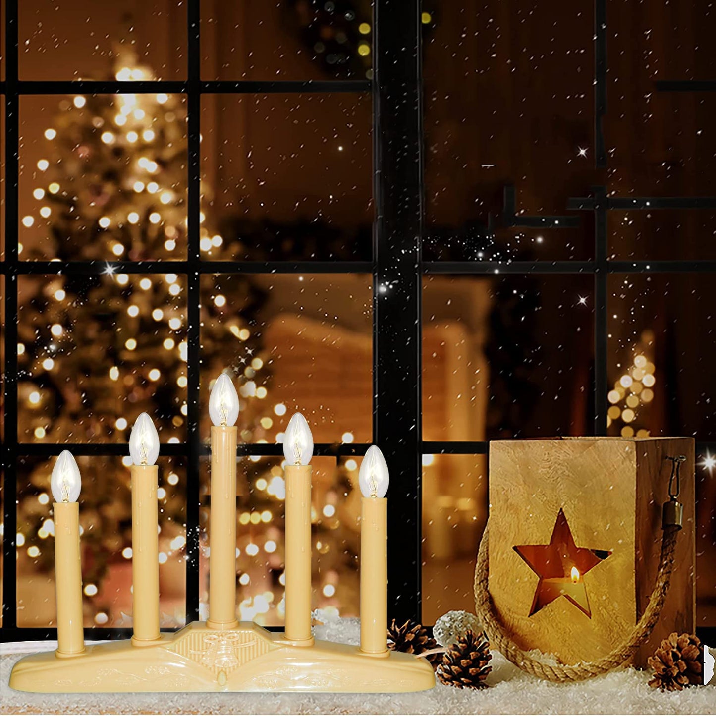 Oviejo 5 Light Window Candle Electric, Christmas Electric Candoliers with Ivory Plastic, Plug in Electric Window Candle Lamp with 6 Clear C7 Bulb (1 Spare Bulb), 5 Watt, Flameless Window Candles