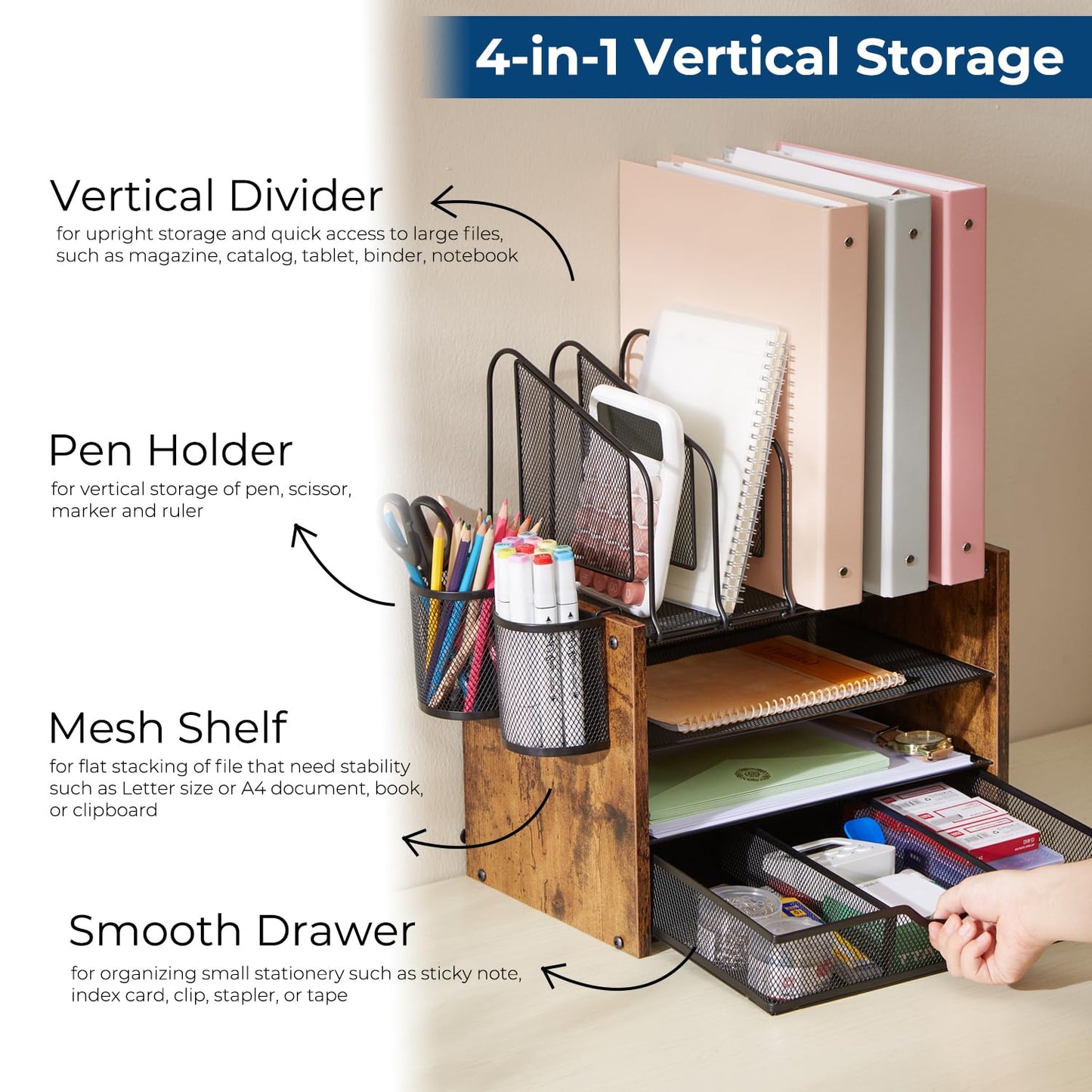 Y YOMA Wooden Desk Organizer, 4-Tier Mesh Desk Organizer with Drawer, Paper Tray & 5 Vertical File Holders, 2 Pen Holders, Desktop Organizer and Accessories for Home Office Dorm