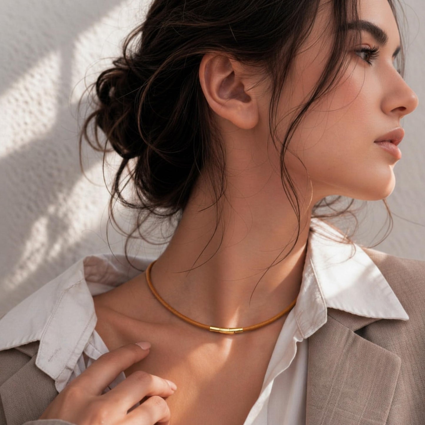 Leporem 2-WAY Genuine Brown Leather Cord Choker Necklace and Wrap Bracelet 18K Gold Plated Push-Lock Clasp Multi-Wear Jewelry (Brown, 14 Inch)