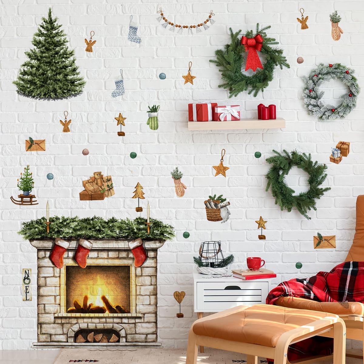 38.58 X 37 Inch Christmas Tree Wall Decals Christmas Fireplace Christmas Stocking Wall Stickers Removable Christmas Window Decal Sticker Decor for Christmas Holiday Living Room Bedroom Decorations