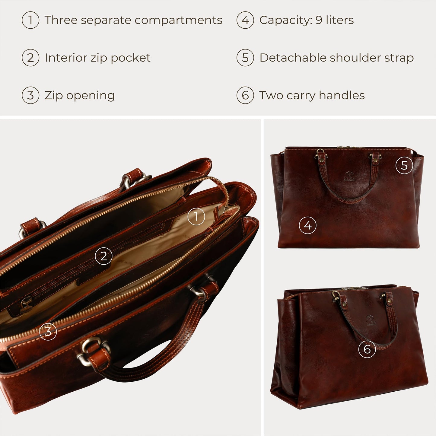 Time Resistance Leather Handbag for Women - Italian Handmade Top Handle Bag - Purse (Brown)