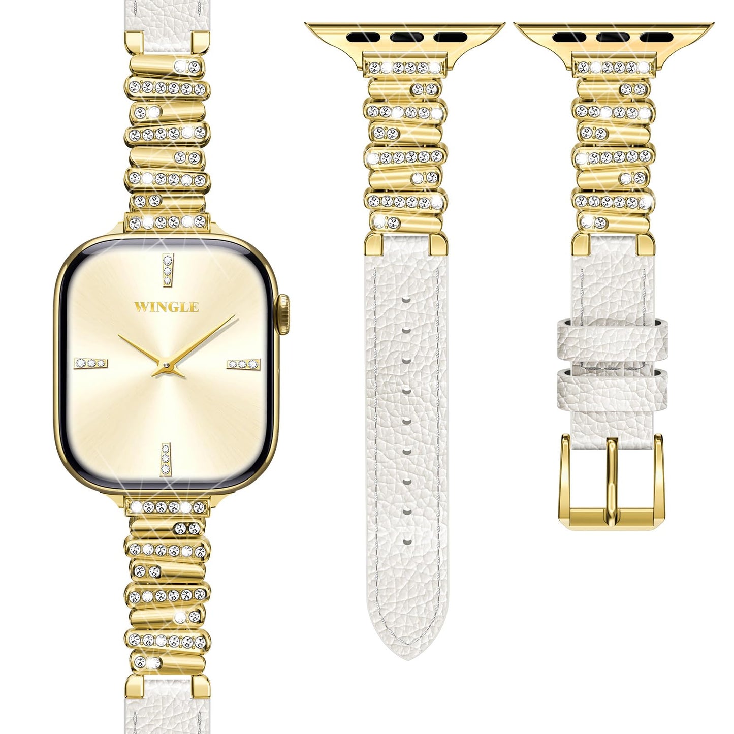 WINGLE Leather Band Compatible for Gold Apple Watch Band Women 46mm 45mm 44mm 42mm Series 11 10 9 8 7 6 5 4 SE 3 2 1 Luxury Dressy Slim Elegant Leather Metal Chain Strap Bling Link Bracelet,Gold/White