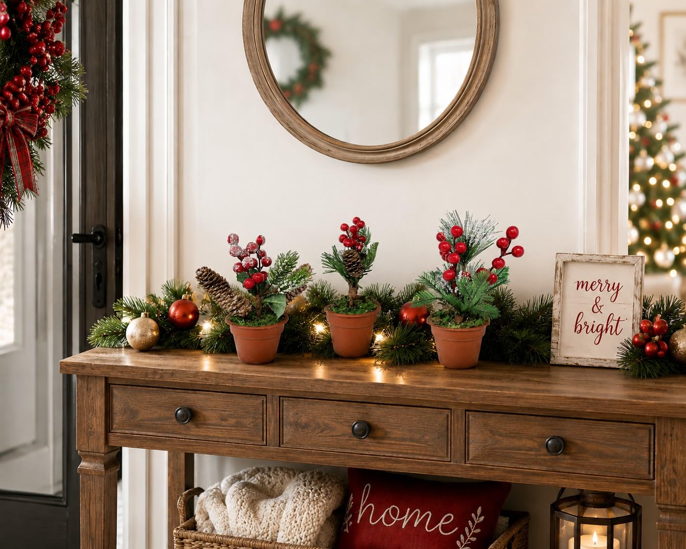 Christmas Tabletop Decorative Pots Set of 3 – Snow Flocked Pine Greenery with Red Berries & Pine Cones – Rustic Farmhouse Xmas Holiday Centerpiece Decor – 7.5 Inch Tall Winter Decorations for Home