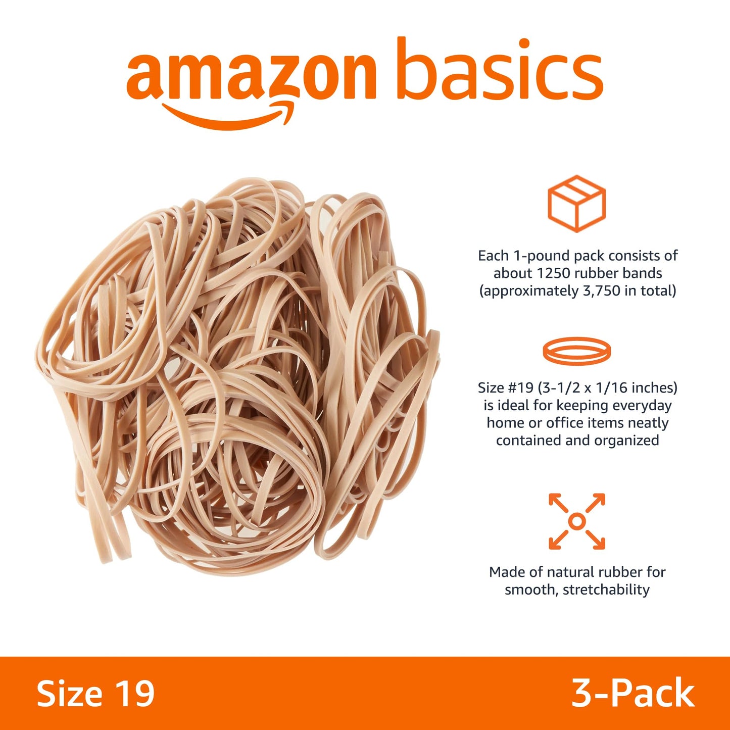 Amazon Basics Rubber Bands, Office Supplies, Size 19 (3-1/2 x 1/16 Inch), Stretchy, 1250 Bands/1 lb. Pack, 3-Pack, Tan