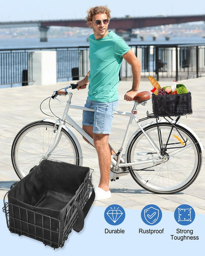 Zacro Bike Basket Rear Large Folding Metal Bicycle Ebike Basket, Quick Release Design for Adult Women/Men Carrying Dogs, Pets, Fruit & Grocery